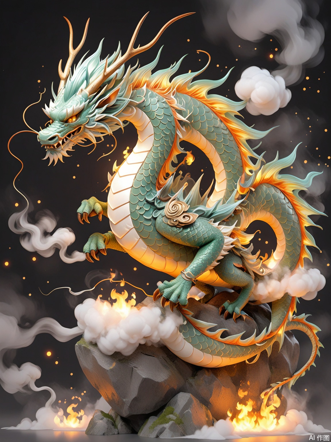 HD 8K, 
no humans, dragon, scales, rock, fire, horns, eastern dragon, smoke, fangs, solo, claws, open mouth