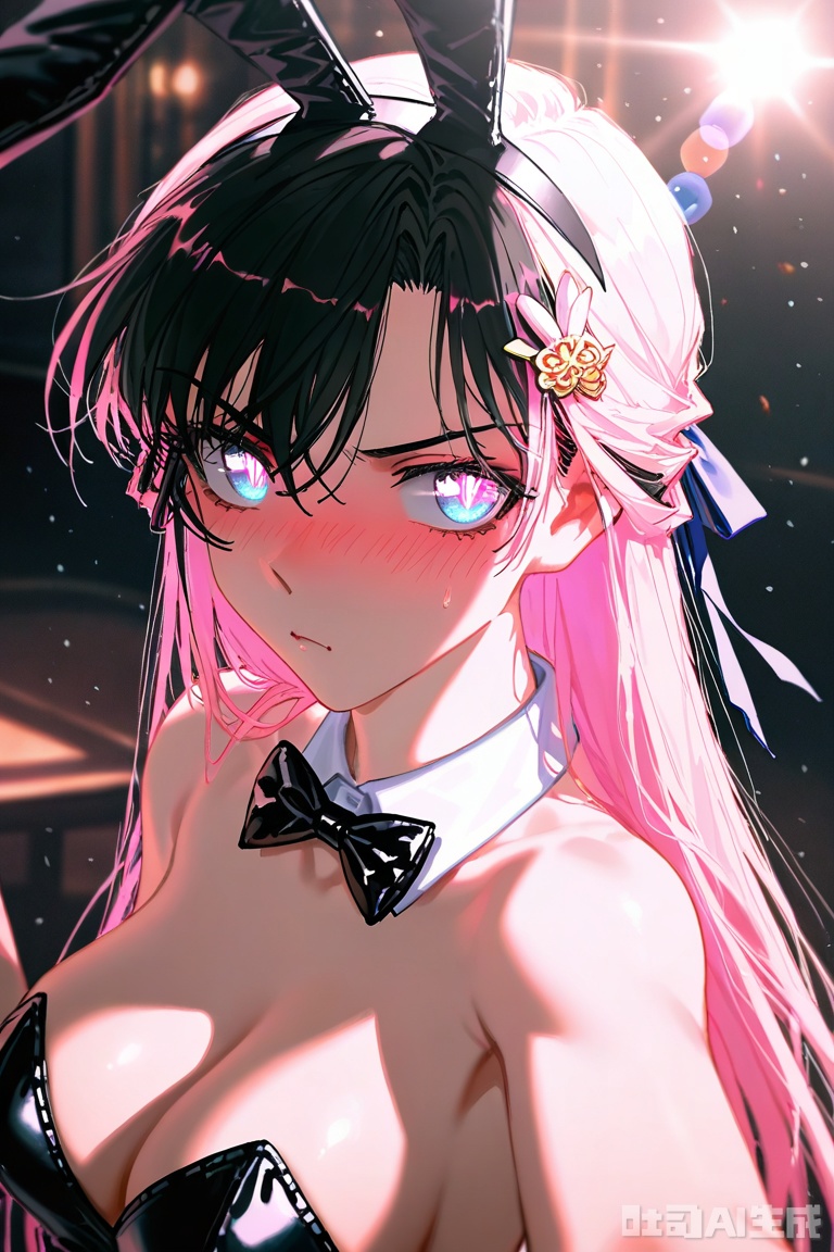 masterpiece,best quality,amazing quality,1girl,solo,shining eyes,bunny girl,bunny girl suit,black hair,light pink hair,bangs,hair ribbon. ornament,no sleeves,bare shoulders.cleavage,upper body,look at viewer,full blush,anger,see-through,plump,voluptuous,selfie vision,dutch angle shot,depth of field,light particles,lens flare,(artist: quasarcake:0.8),extreme aesthetic,(wlop:0.6),wanke,,year 2024,year 2023,very aesthetic,absurdres,glowing eyes,Vivid Colors,High saturation,Intense color palette,Strong light and shadow,High contrast,Vivid highlights and deep shadows,maolilan,