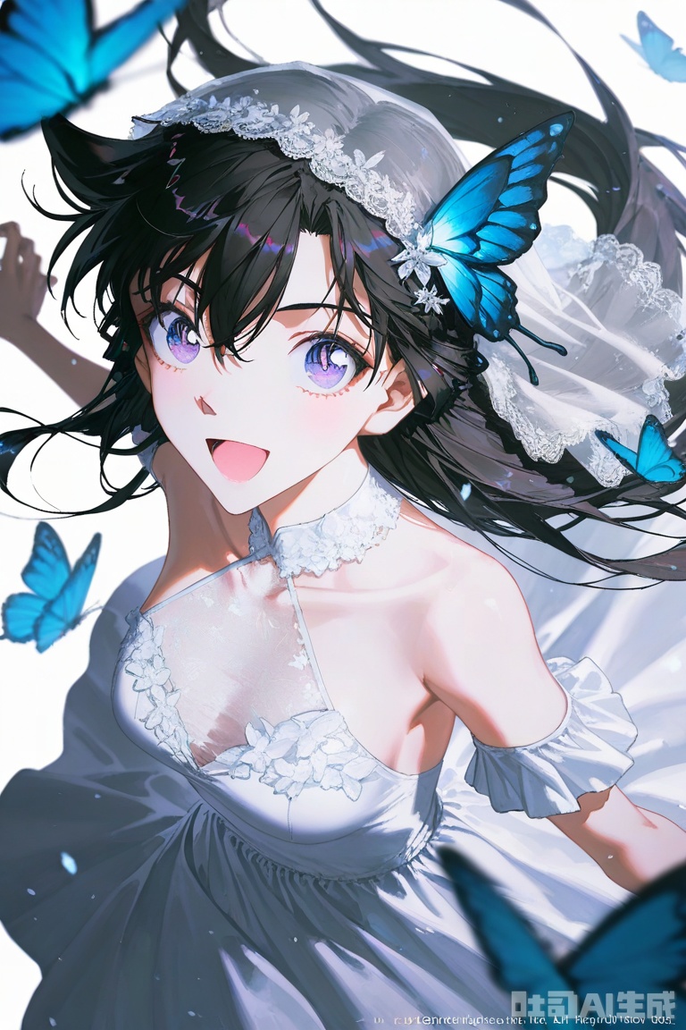 masterpiece,best quality,amazing quality, 1girl,solo,breasts,looking at viewer,smile,open mouth,bangs,simple background,hair ornament,white background,dress,hair between eyes,bare shoulders,black hair,long hair,purple eyes,:d,white dress,bug,butterfly,veil,butterfly hair ornament,blue butterfly, depth of field,light particles,lens flare,(artist:quasarcake:0.8),extreme aesthetic,(wlop:0.6),wanke,rella,wanke,masterpiece,best quality,good quality,newest,year 2024,year 2023,very aesthetic,absurdres,Visual impact,Electromotive force,perspective composition,A shot with tension,ultra-high resolution,32K UHD,sharp focus,best quality,masterpiece,Emotionalization masterpiece,unconventional supreme,masterful details,with a high end texture,in the style of fashion photography,(Visual impact:1.2),giving the poster a dynamic and visually striking appearance,impactful picture,official art,colorful,splash of color,movie perspective,masterpiece,best quality,amazing quality,very aesthetic,absurdres,best quality,newest,translation to Chinese,,maolilan