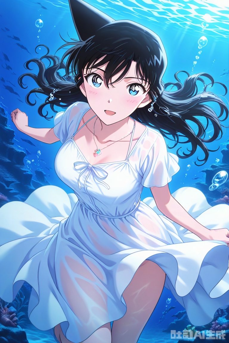 masterpiece,best quality,amazing quality, 1girl, solo,,A woman,solo,long hair,dress,blue eyes,bubbles,necklace,black hair strands,long hair,curly hair,underwater,blue theme,white translucent dress,looking at viewer,collarbone,hair between eyes,extreme aesthetic.high quality.year 2024,year 2023,very aesthetic,absurdres,a shot with tension (visual impact, giving the poster a dynamic and visually striking appearance:1.2),impactful picture,official art,colorful,splash of color,cinematic perspective,maolilan
