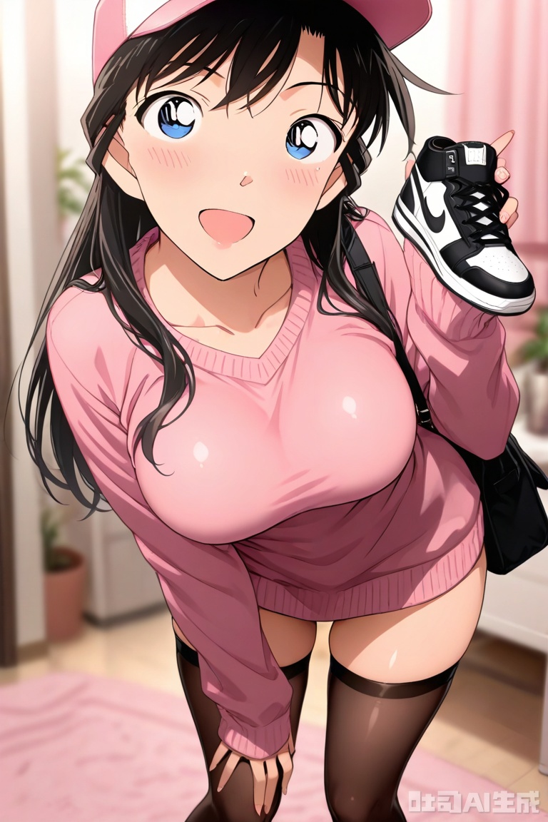masterpiece,best quality,amazing quality, 1girl, solo,breasts,looking at viewer,smile,open mouth,Depth of Field),a beautiful female,single,(black hair,oversize sweater, perfect figure:1.2, stockings, sneaker, baseball cap:1.2),,maolilan