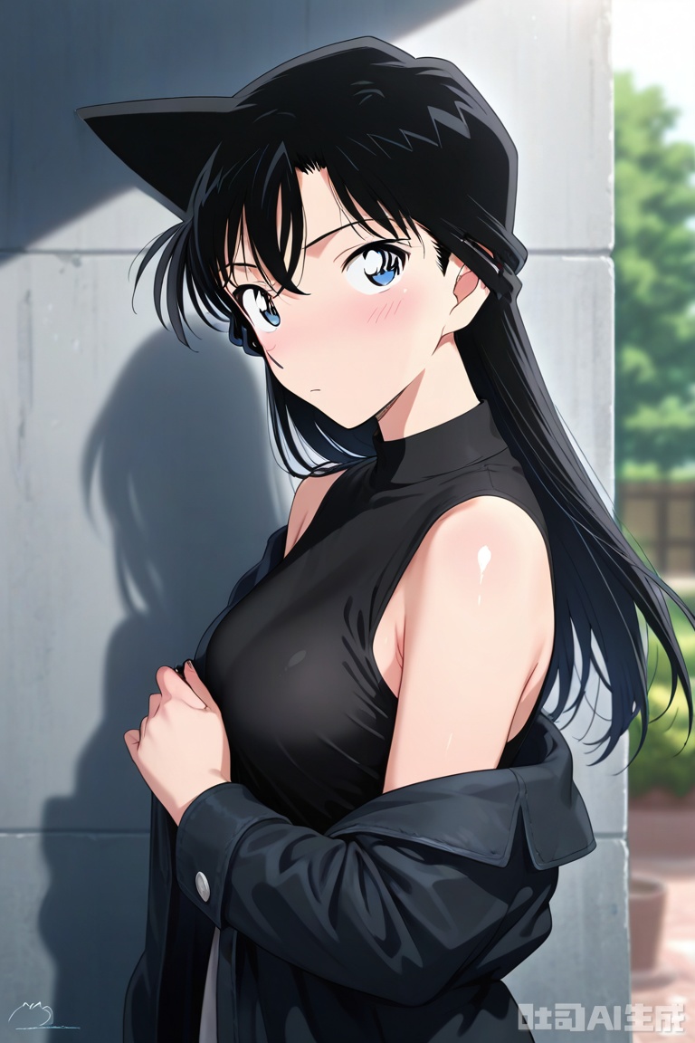 masterpiece,best quality,amazing quality, 1girl,solo,long hair,against wall,looking at viewer,from side,blue eyes,closed mouth,bangs,jacket,outdoors,black hair,off shoulder,upper body,sleeveless,shirt,floating hair,blurry,standing,blurry background,long sleeves,hair between eyes,sleeveless shirt,black shirt,black hair,shiny hair,signature,growing,,maolilan