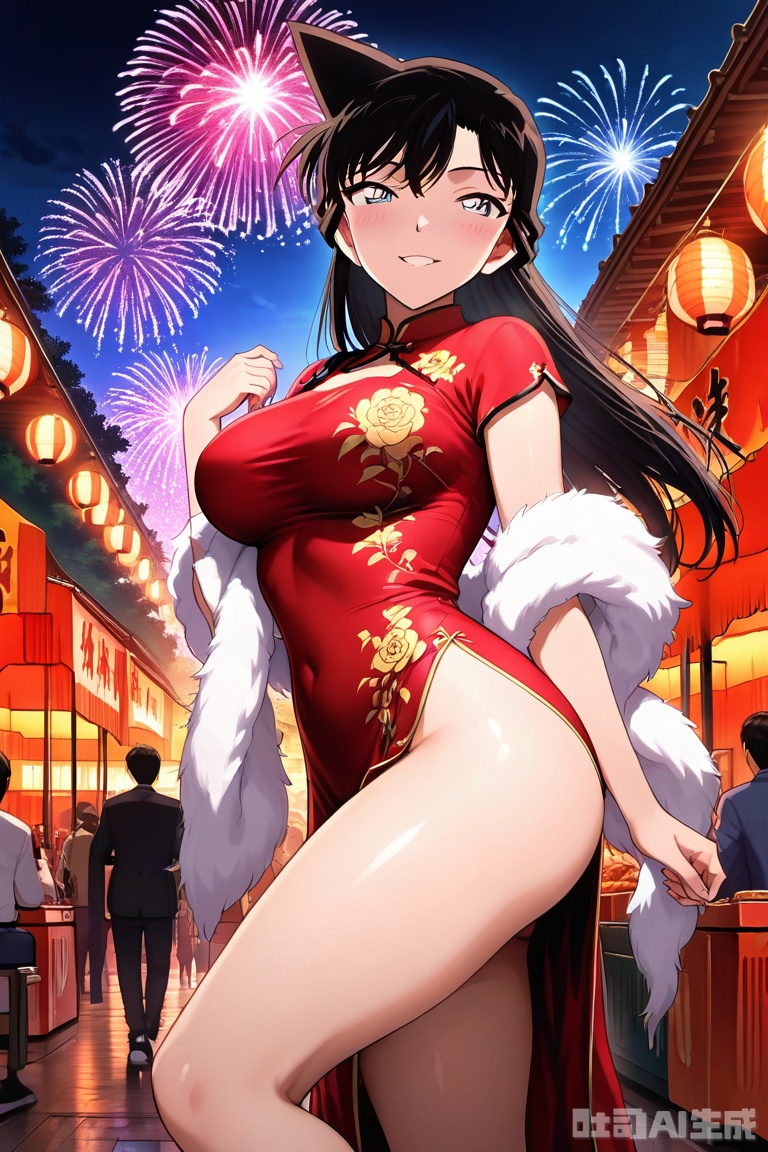 masterpiece, best quality, amazing quality, highres, 1 female, long black hair with flowing glossy waves, perfect body proportions, red - black gradient cheongsam adorned with golden floral embroidery, white fluffy fur shawl draped elegantly over shoulders, thigh - high side slit revealing slender leg, seductive pose: gently leading viewer by the hand, body slightly angled, head tilted with a confident alluring smirk, night market backdrop filled with glowing red lanterns, vibrant fireworks bursting in deep blue sky, anime - style bold line art, rich color contrast (black hair against red cheongsam & dark night), soft light reflections on fur texture and silk cheongsam, lively festival atmosphere with faint crowd silhouettes, cinematic perspective highlighting body curve and intimate hand - holding interaction, detailed fabric textures (silk sheen, embroidery intricacy, fur softness), dreamy yet vivid nighttime lighting,maolilan
