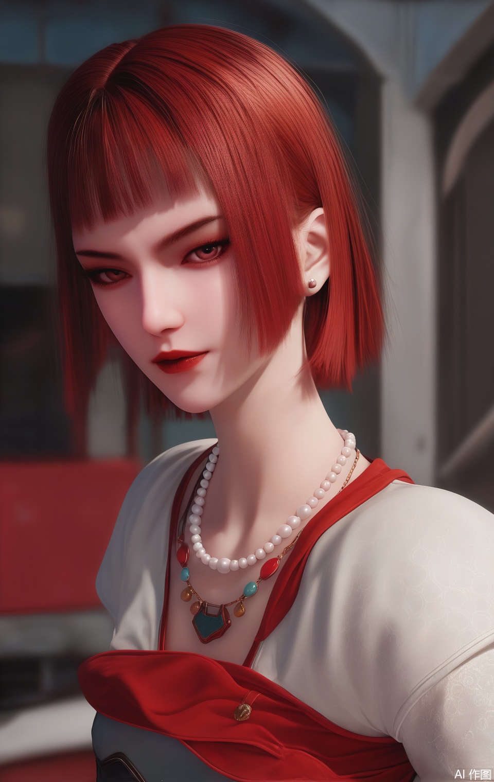 score_9_up,score_8_up,score_7_up,(Masterpiece, Best Quality, High Resolution, 8K Raw),absurdres, highres, Expressiveh, armor,science fiction,
1girl, solo,short hair,looking at viewer,red hair,short hair,indoors,blurry,jewelry,earrings,blunt bangs,makeup,red lips,bead necklace, pearl necklace,