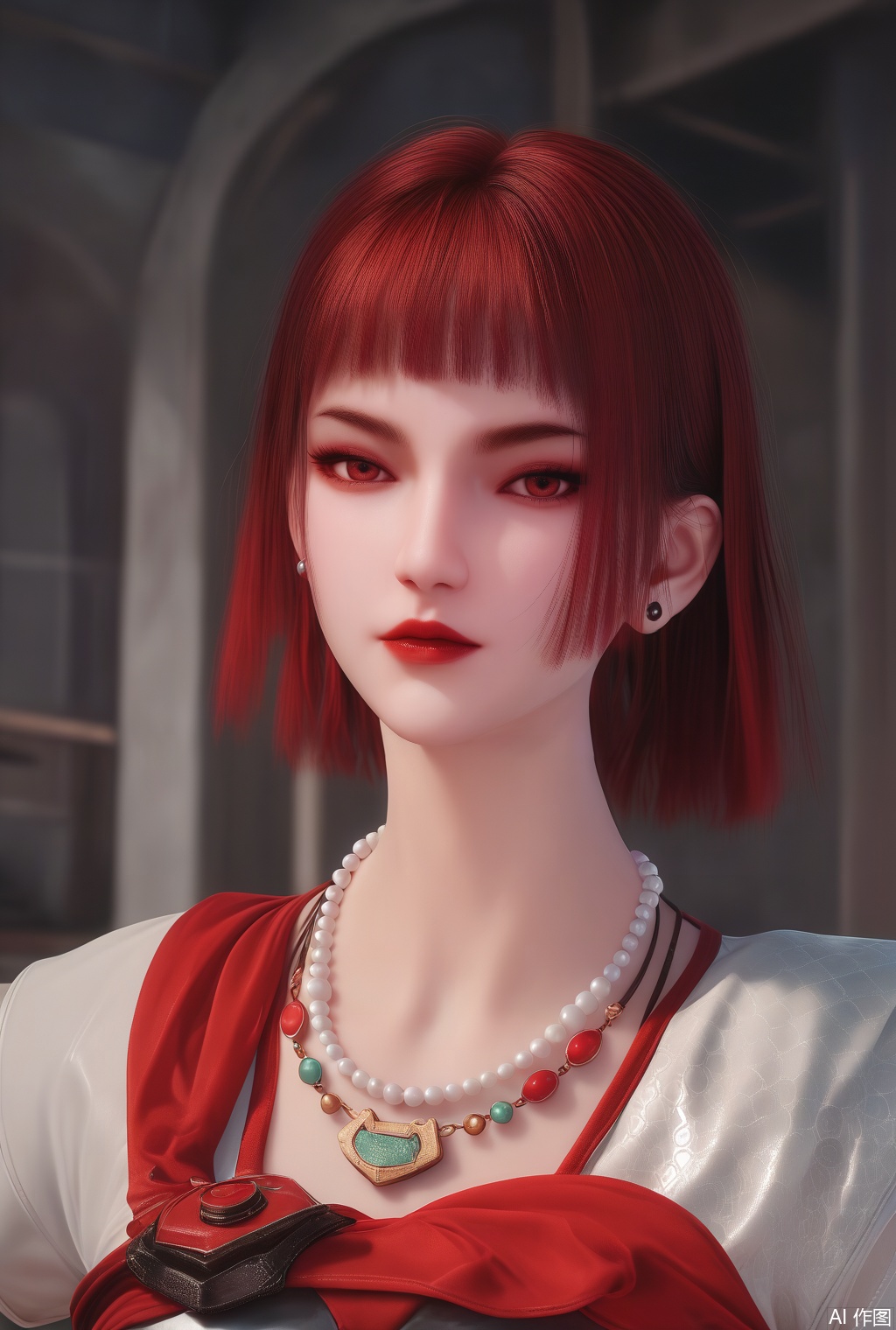score_9_up,score_8_up,score_7_up,(Masterpiece, Best Quality, High Resolution, 8K Raw),absurdres, highres, Expressiveh, armor,science fiction,
1girl, solo,short hair,looking at viewer,red hair,short hair,indoors,blurry,jewelry,earrings,blunt bangs,makeup,red lips,bead necklace, pearl necklace,