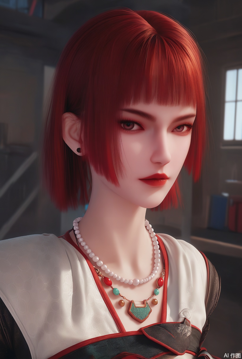 score_9_up,score_8_up,score_7_up,(Masterpiece, Best Quality, High Resolution, 8K Raw),absurdres, highres, Expressiveh, armor,science fiction,
1girl, solo,short hair,looking at viewer,red hair,short hair,indoors,blurry,jewelry,earrings,blunt bangs,makeup,red lips,bead necklace, pearl necklace,