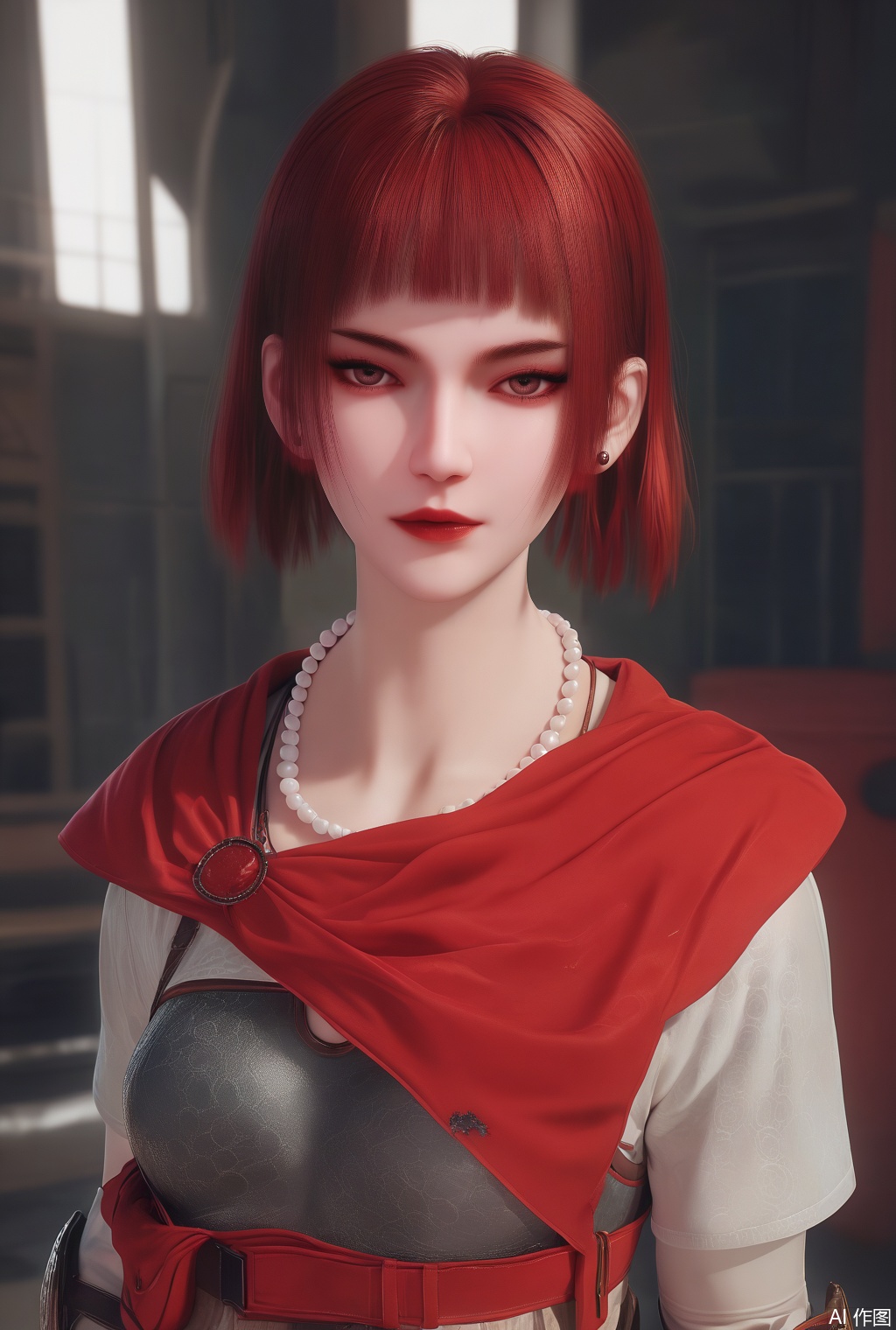 score_9_up,score_8_up,score_7_up,(Masterpiece, Best Quality, High Resolution, 8K Raw),absurdres, highres, Expressiveh, armor,science fiction,
1girl, solo,short hair,looking at viewer,red hair,short hair,indoors,blurry,jewelry,earrings,blunt bangs,makeup,red lips,bead necklace, pearl necklace,