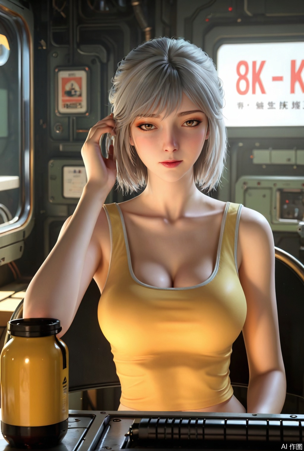 (Masterpiece, Best Quality, High Resolution, 8K Raw),absurdres, highres, Expressiveh, science fiction,realistic,
1girl, solo,long hair,looking at viewer,grey hair,short hair,cleavage,brown eyes,collarbone,indoors,blurry,yellow tanktop,