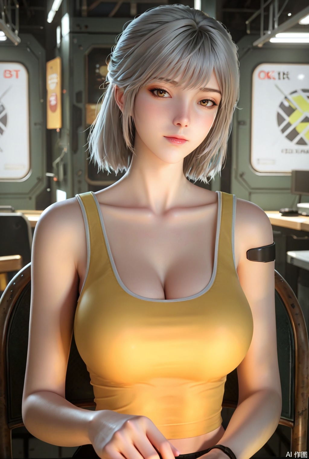 (Masterpiece, Best Quality, High Resolution, 8K Raw),absurdres, highres, Expressiveh, science fiction,
1girl, solo,long hair,looking at viewer,grey hair,short hair,cleavage,brown eyes,collarbone,indoors,blurry,yellow tanktop,