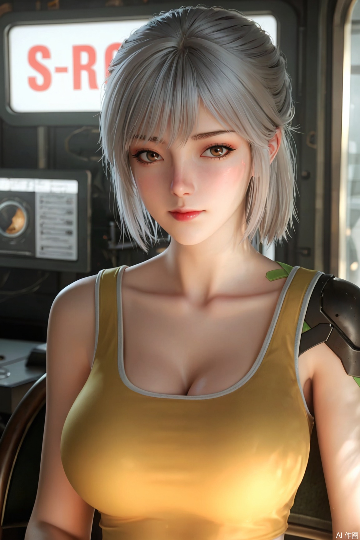 score_9_up,score_8_up,score_7_up,(Masterpiece, Best Quality, High Resolution, 8K Raw),absurdres, highres, Expressiveh, armor,science fiction,
1girl, solo,long hair,looking at viewer,grey hair,short hair,cleavage,brown eyes,collarbone,indoors,blurry,yellow tanktop,tattoo,,