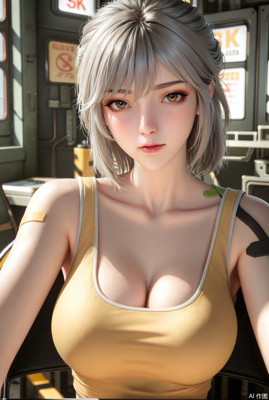 (Masterpiece, Best Quality, High Resolution, 8K Raw),absurdres, highres, Expressiveh, science fiction,
1girl, solo,long hair,looking at viewer,grey hair,short hair,cleavage,brown eyes,collarbone,indoors,blurry,yellow tanktop,