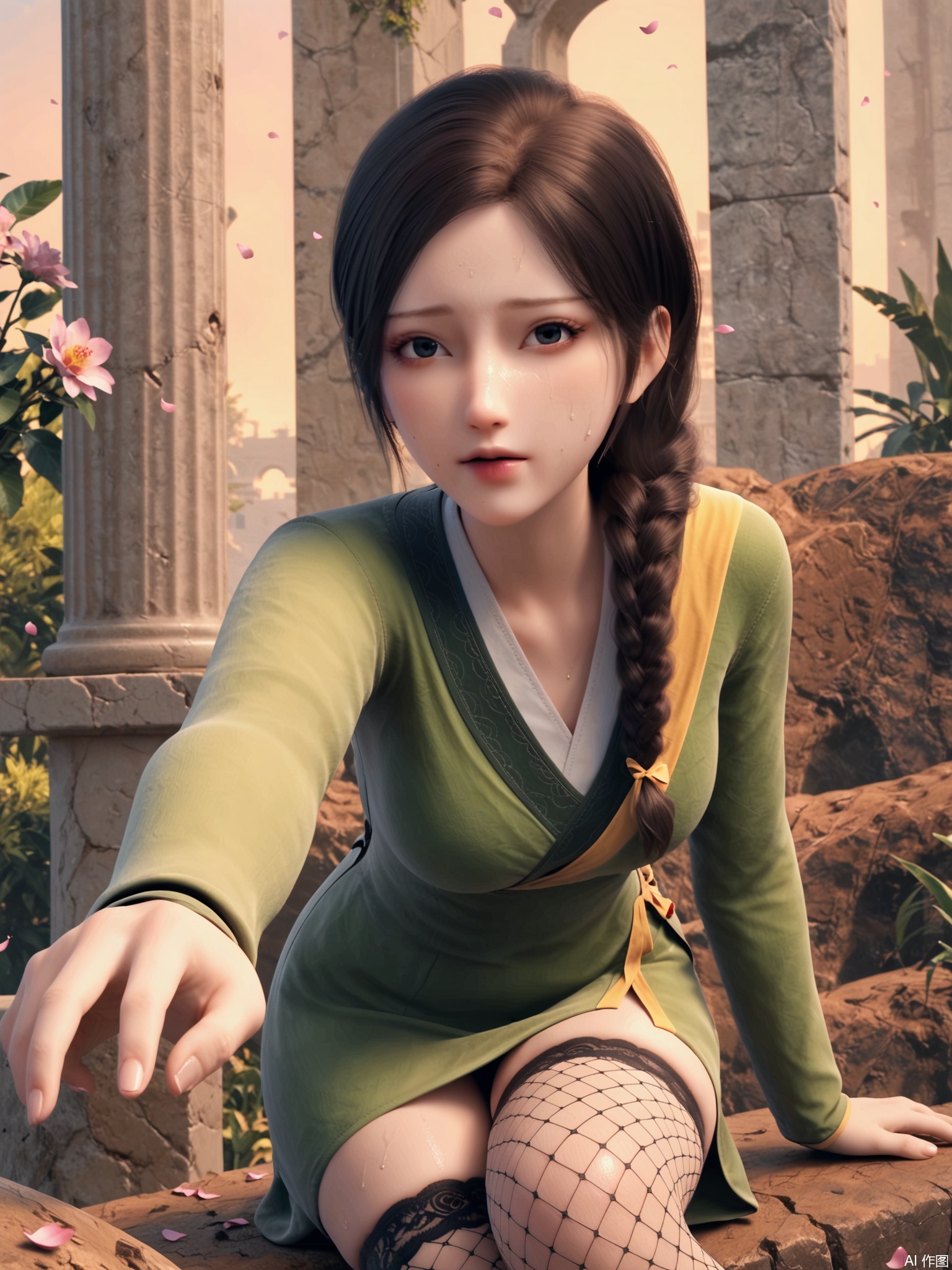score_9,score_8_up,score_7_up,1girl,looking_at_viewer,realistic,1girl,Vivid Colors,bright environment,delicate water,hair_ornament,shiny skin,shiny hair,reflection,dress,flower sea,falling petals,extreme detail description,(full body:0.3),put one hand on your side,long_hair,(skindentation:1.3),Fishnet stockings,bright,sunshine on face,hair,light,sweating,green dress,forehead_mark,light,pillar,sitting_down,single_braid