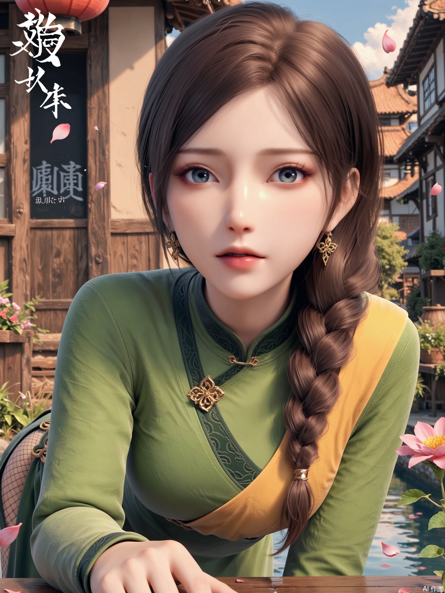 score_9,score_8_up,score_7_up,1girl,looking_at_viewer,realistic,1girl,Vivid Colors,bright environment,delicate water,hair_ornament,shiny skin,shiny hair,reflection,(wariza:1.2),green dress,jewelry,flower sea,falling petals,extreme detail description,(upper body:0.4),put one hand on your side,long_hair,(skindentation:1.3),Fishnet stockings,bright,sunshine on face,chinese_clothes,