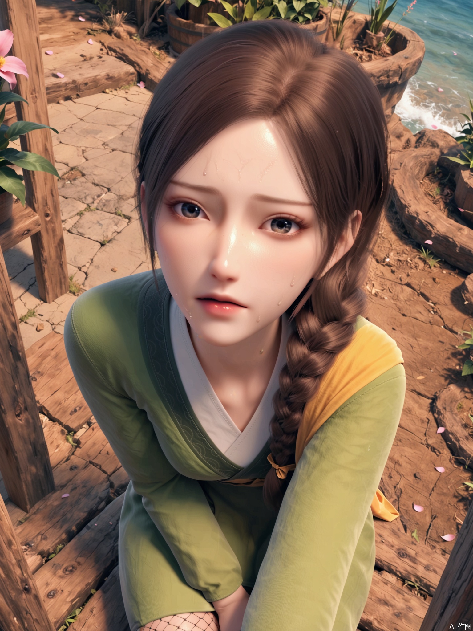 score_9,score_8_up,score_7_up,1girl,looking_at_viewer,realistic,1girl,Vivid Colors,bright environment,delicate water,hair_ornament,shiny skin,shiny hair,reflection,dress,flower sea,falling petals,extreme detail description,(full body:0.3),put one hand on your side,long_hair,(skindentation:1.3),Fishnet stockings,bright,sunshine on face,hair,light,sweating,green dress,forehead_mark,light,sitting_down,single_braid