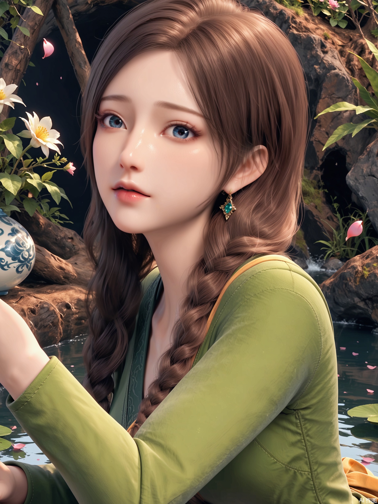 score_9,score_8_up,score_7_up,1girl,looking_at_viewer,realistic,1girl,Vivid Colors,bright environment,delicate water,hair_ornament,shiny skin,shiny hair,reflection,(wariza:1.2),green dress,jewelry,flower sea,falling petals,extreme detail description,(upper body:0.4),put one hand on your side,long_hair,(skindentation:1.3),Fishnet stockings,bright,sunshine on face,