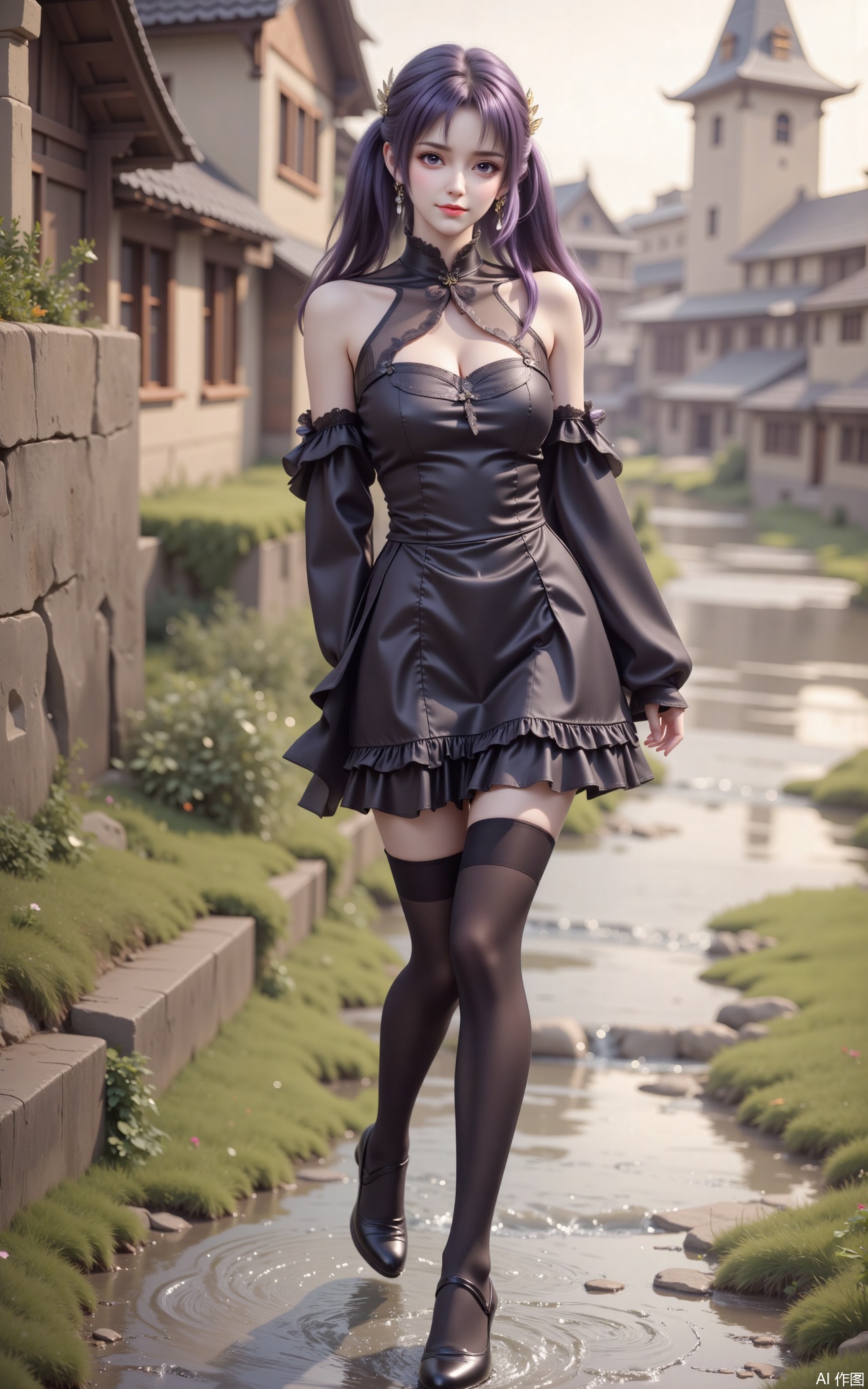 The image depicts a person standing in a shallow stream in a picturesque village setting. The individual is dressed in a black, shiny, strapless dress with ruffled details and long black stockings. They are wearing black high-heeled boots. Their hair is styled with purple highlights and is tied into two ponytails. The background features traditional-style buildings with sloped roofs, a stone wall on the left, and a large, ornate structure resembling a castle or a tower in the distance. The scene is bathed in warm, soft lighting, suggesting either early morning or late afternoon.