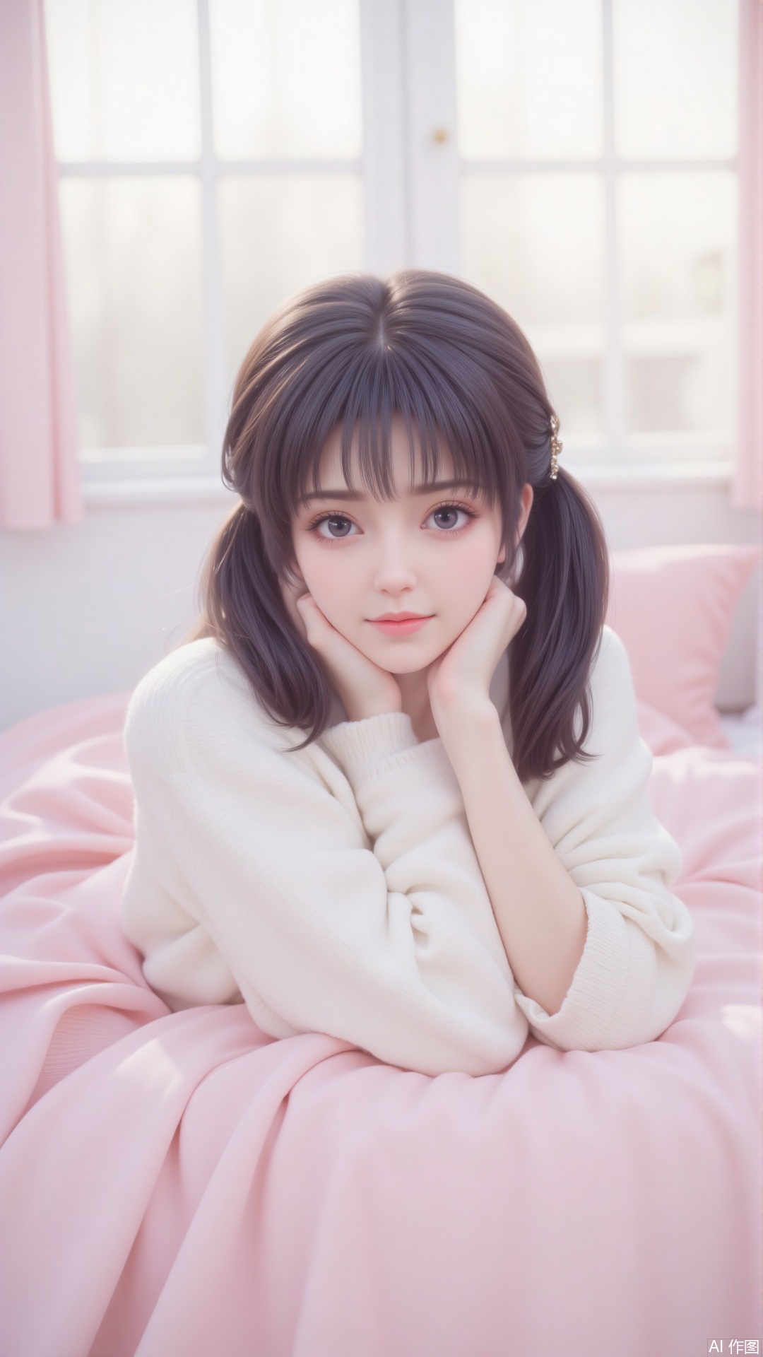 The image shows a young woman lying on a pink couch. She is wearing a white sweater and a pink pleated skirt. Her hair is dark and tied back, with a small hair clip. The background includes a window with light streaming in, and curtains are partially drawn. The room has a soft, pastel color scheme, giving it a calm and cozy atmosphere.