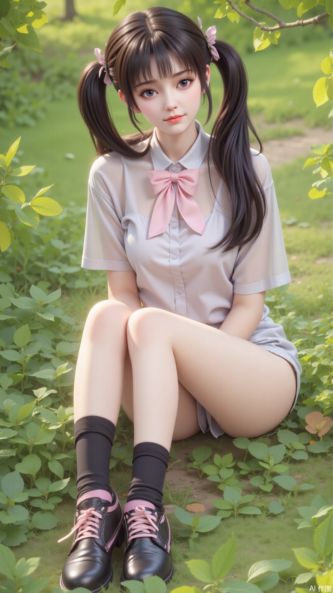 The image depicts a young woman sitting on the ground, surrounded by green foliage. She is dressed in a light-colored outfit consisting of a short-sleeved top and shorts, with a bow tied around her neck. Her hair is styled in two ponytails, each adorned with pink bows. She is wearing black socks and black shoes with pink laces. The background consists of a natural setting with green grass and leaves, and there is a branch visible in the upper right corner. The overall atmosphere is serene and outdoorsy.