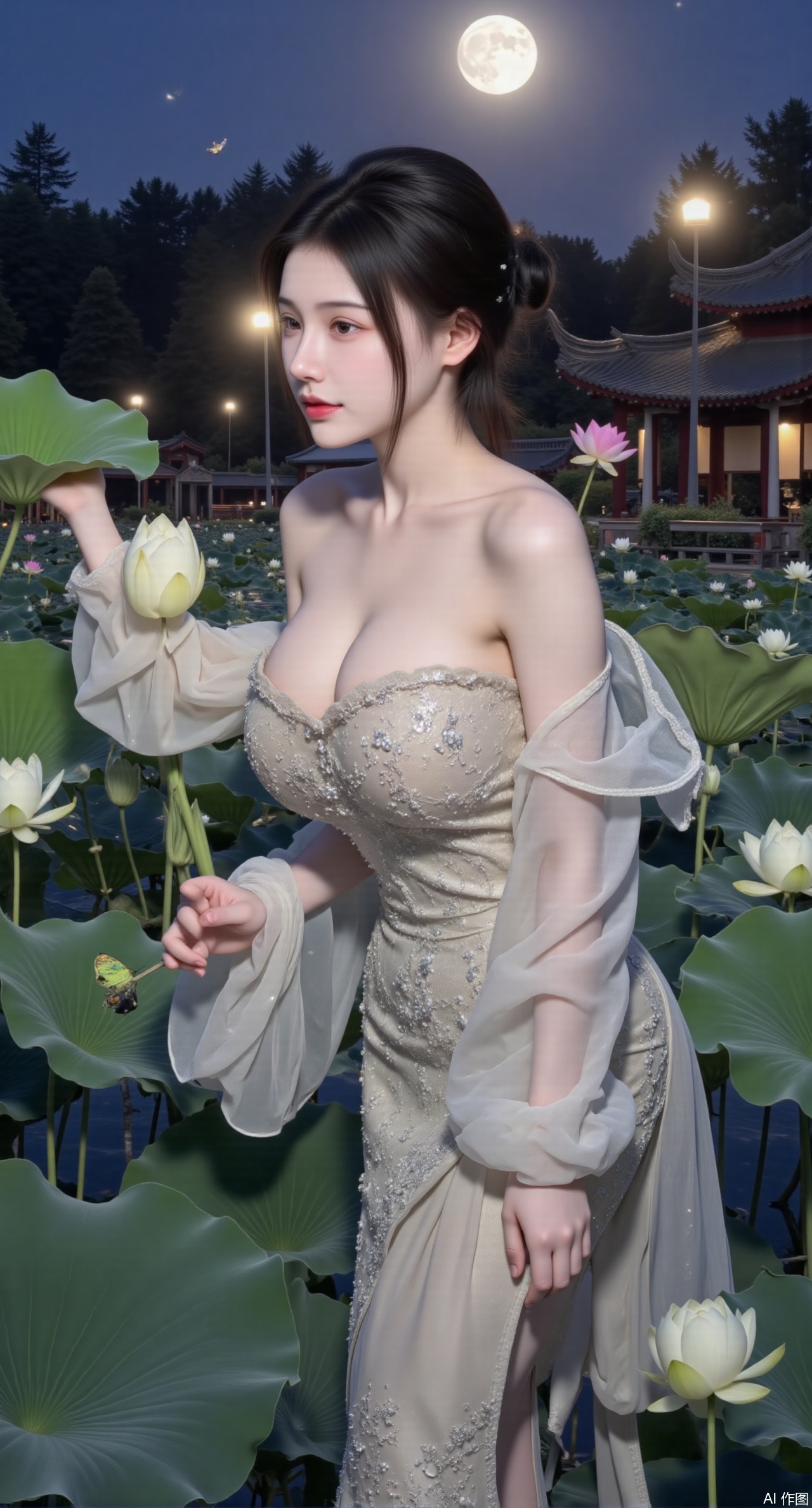 (masterpiece, best quality:1.2), highres, extremely detailed, 1girl,(hanfu dress:1.26),looking at viewer,indoors, (big breasts:2.69),Depth of field,garden of the sun,shiny,flowers, garden, 1girl, (Lotus:1.39), (butterflies, ultra detailed, glary,Light, light particles,glitter,reflect:1.29),(huge breasts:2.99), (full breasts:2.99),background, solo, makeup,Xyunxiao,(Lotus,Water Lily,Blue sky,full moon:1.39),(Lotus pond,ancient Chinese architecture:1.39),Xmupeiling,XsongyuYK,XqiyueFHK,XheguangzhefandiYK,XxiaobaiNZYK,XlimuwanJCBYK,XmeijiK,XzhouruK,XHhanfududou,XzhouruK2,XmeijiK2,XlinziyueK2,Xjinniang2,Xdunhuangfeitian,Xyinggou2,XnangongxierK2,Xnvwashenian2,XmupeilingYK,Xdaji2,Xyujishenian2,lanxinai-luxueqiX,Xlinagpiandiaodai,Xqianqianmeinu