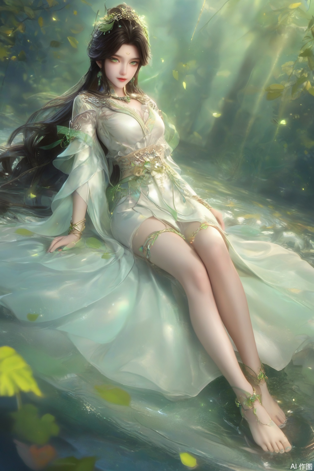 score_9,score_8_up,score_7_up,1girl,looking at viewer,solo,long hair,black hair,hair ornament,dress,jewelry,very long hair,green eyes,earrings,white dress,leaf,facial mark,nature,forehead mark,realistic,full body,lying,happiness,gem,toe ring,anklet,toes,barefoot,feet,water,lying on water,chain belt,(dutch angle:1.3),nail polish,aqua nails,toenail polish,toe ring,legs