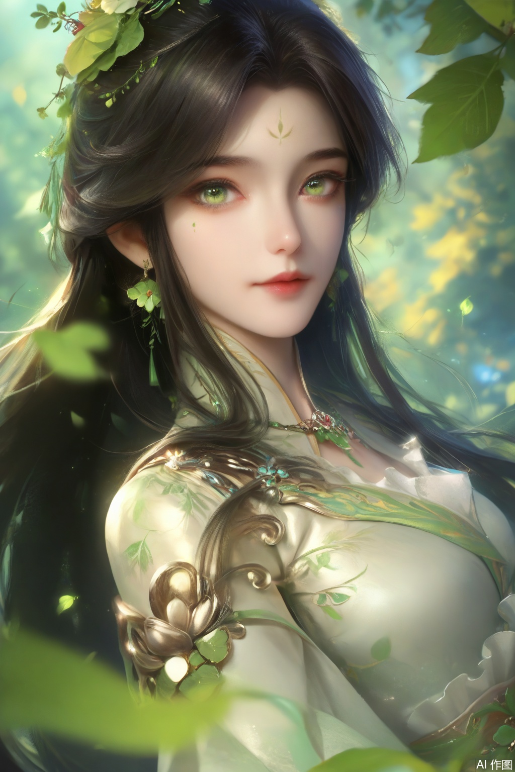 score_9,score_8_up,score_7_up,1girl,looking at viewer,solo,long hair,black hair,hair ornament,dress,jewelry,very long hair,green eyes,earrings,white dress,leaf,facial mark,nature,forehead mark,(realistic:1.3),happiness,(dutch angle:1.3),