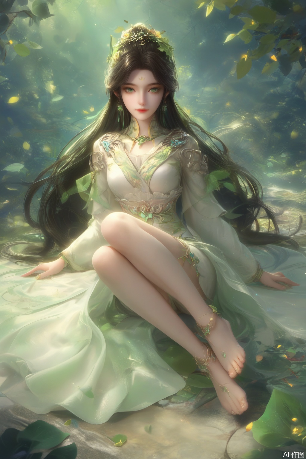 score_9,score_8_up,score_7_up,1girl,looking at viewer,solo,long hair,black hair,hair ornament,dress,jewelry,very long hair,green eyes,earrings,white dress,leaf,facial mark,nature,forehead mark,realistic,full body,lying,happiness,gem,toe ring,anklet,toes,barefoot,feet