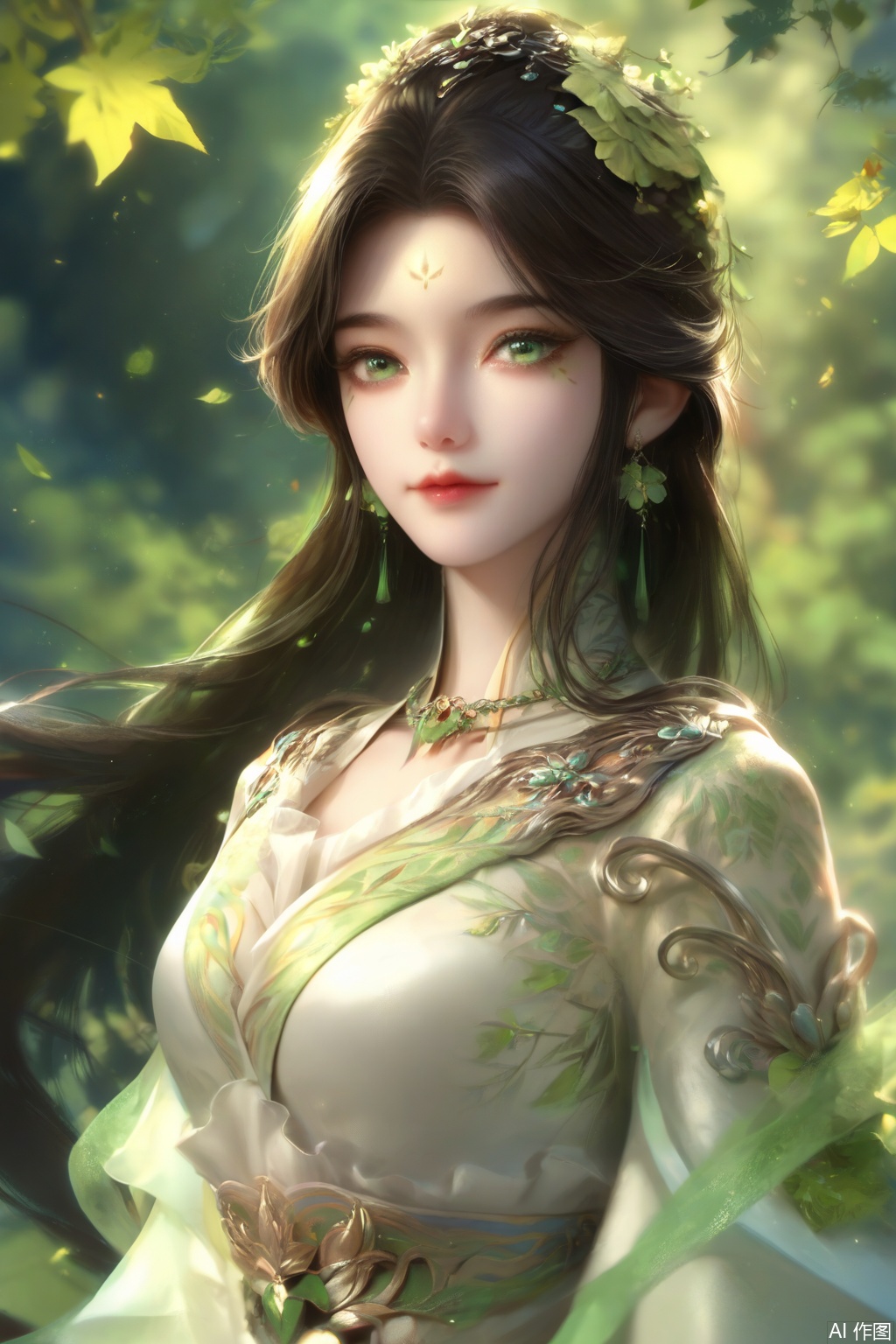 score_9,score_8_up,score_7_up,1girl,looking at viewer,solo,long hair,black hair,hair ornament,dress,jewelry,very long hair,green eyes,earrings,white dress,leaf,facial mark,nature,forehead mark,(realistic:1.3),happiness