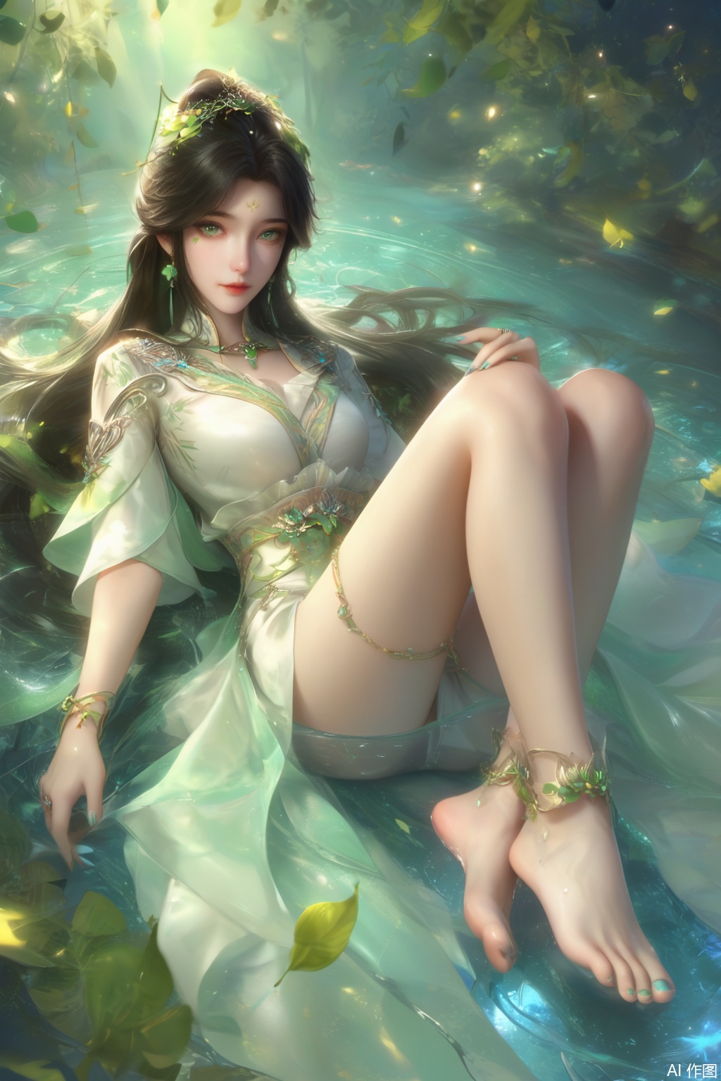 score_9,score_8_up,score_7_up,1girl,looking at viewer,solo,long hair,black hair,hair ornament,dress,jewelry,very long hair,green eyes,earrings,white dress,leaf,facial mark,nature,forehead mark,realistic,full body,lying,happiness,gem,toe ring,anklet,toes,barefoot,feet,water,lying on water,chain belt,(dutch angle:1.3),nail polish,aqua nails,toenail polish,toe ring,legs
