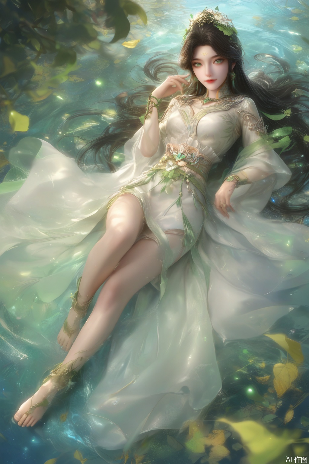score_9,score_8_up,score_7_up,1girl,looking at viewer,solo,long hair,black hair,hair ornament,dress,jewelry,very long hair,green eyes,earrings,white dress,leaf,facial mark,nature,forehead mark,realistic,full body,lying,happiness,gem,toe ring,anklet,toes,barefoot,feet,from above,water,lying on water,chain belt