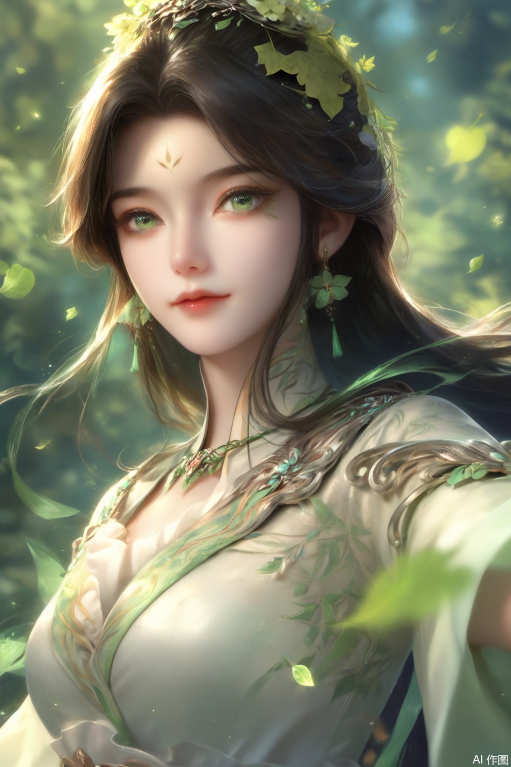 score_9,score_8_up,score_7_up,1girl,looking at viewer,solo,long hair,black hair,hair ornament,dress,jewelry,very long hair,green eyes,earrings,white dress,leaf,facial mark,nature,forehead mark,(realistic:1.3),happiness,outstretched arm