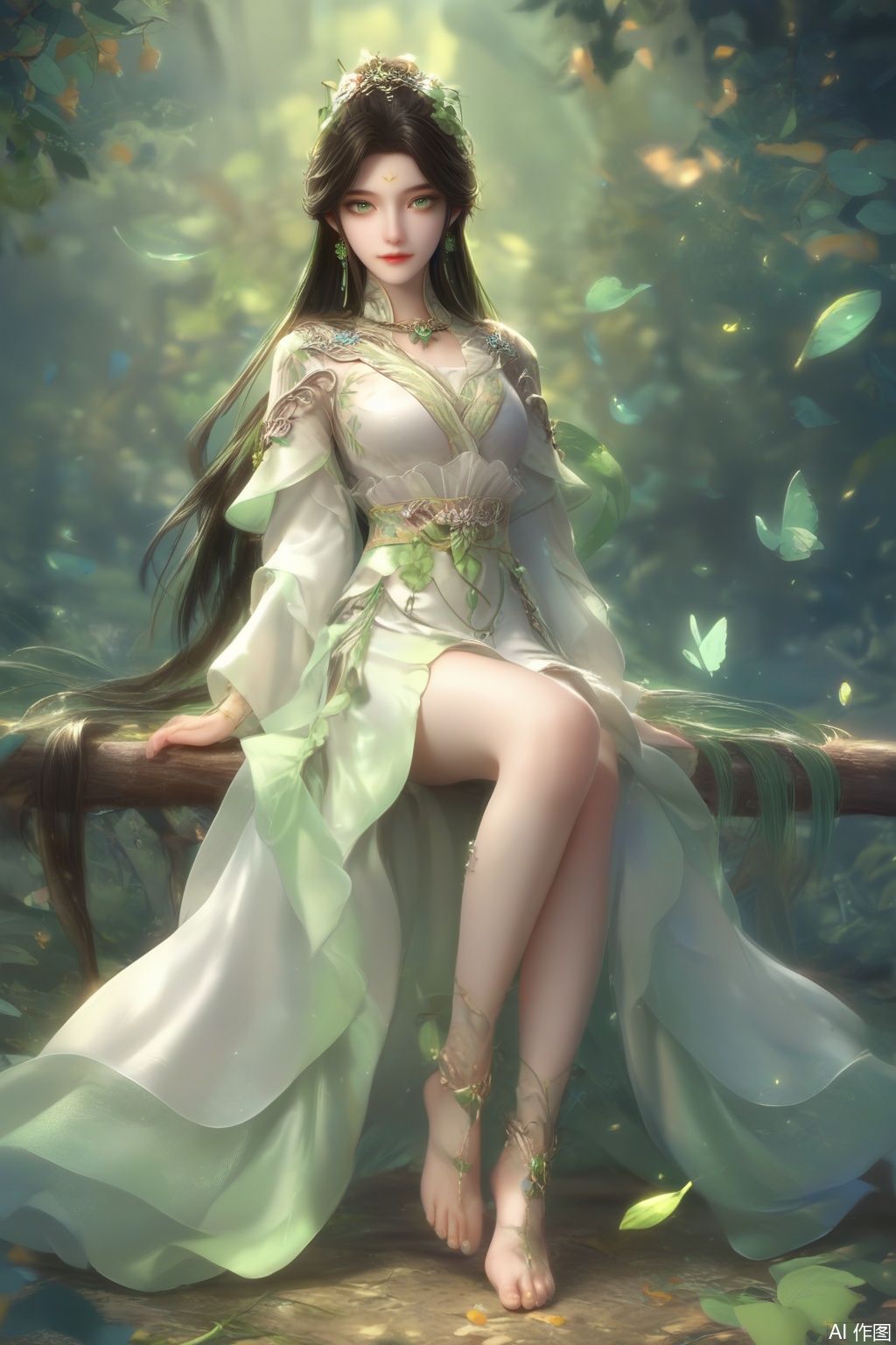 score_9,score_8_up,score_7_up,1girl,looking at viewer,solo,long hair,black hair,hair ornament,dress,jewelry,very long hair,green eyes,earrings,white dress,leaf,facial mark,nature,forehead mark,realistic,full body,sitting,happiness,gem,toe ring,anklet,toes,barefoot,feet
