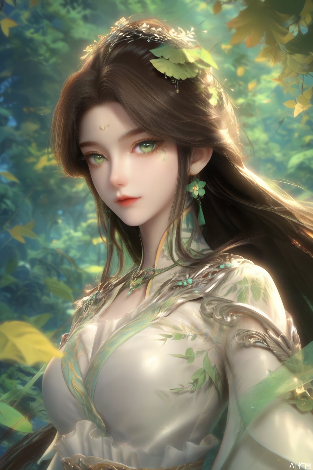 score_9,score_8_up,score_7_up,1girl,looking at viewer,solo,long hair,brown hair,black hair,hair ornament,dress,jewelry,very long hair,green eyes,upper body,earrings,white dress,leaf,facial mark,nature,forehead mark,