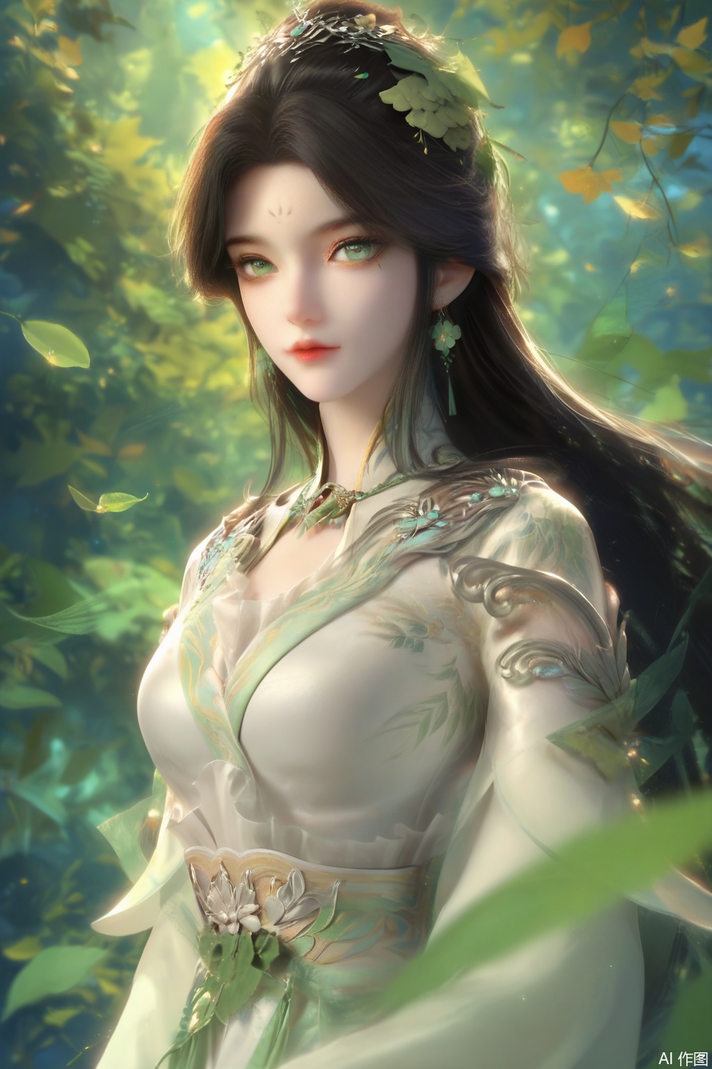 score_9,score_8_up,score_7_up,1girl,looking at viewer,solo,long hair,black hair,hair ornament,dress,jewelry,very long hair,green eyes,earrings,white dress,leaf,facial mark,nature,forehead mark,realistic