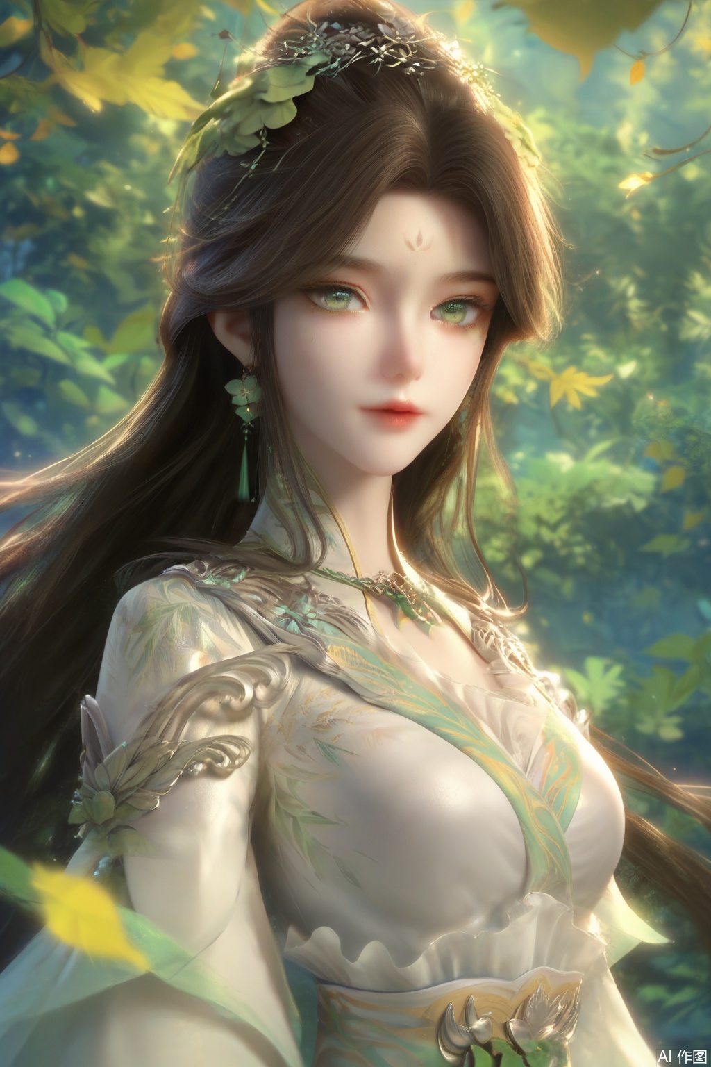 score_9,score_8_up,score_7_up,1girl,looking at viewer,solo,long hair,brown hair,black hair,hair ornament,dress,jewelry,very long hair,green eyes,earrings,white dress,leaf,facial mark,nature,forehead mark,