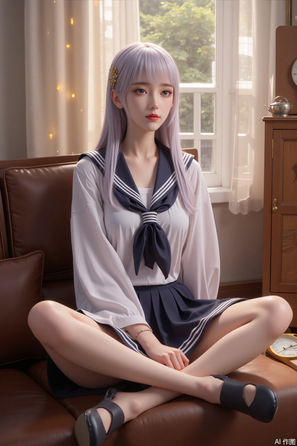 1 girl, solo, with bangs, wearing a sailor's uniform, sitting cross-legged on a brown leather sofa, her long snow-white straight hair drooped to her shoulders, and her bright eyes filled with soft light by the window. The dark blue scarf is lightly attached to the collarbone, the pleated skirt is stretched between the knees like petals, and the slender hands are lightly attached to the waist to freeze the elegant arc. The log cabinet stands quietly in the background, the time is sealed in the photo frame, the brass can refracts warm dimming spots, and the dust filtered from the gauze curtains dances in the air. The whole picture looks like a honey-soaked afternoon, with the warmth of the cortex and the sweetness of the girl intertwined into visual chords.