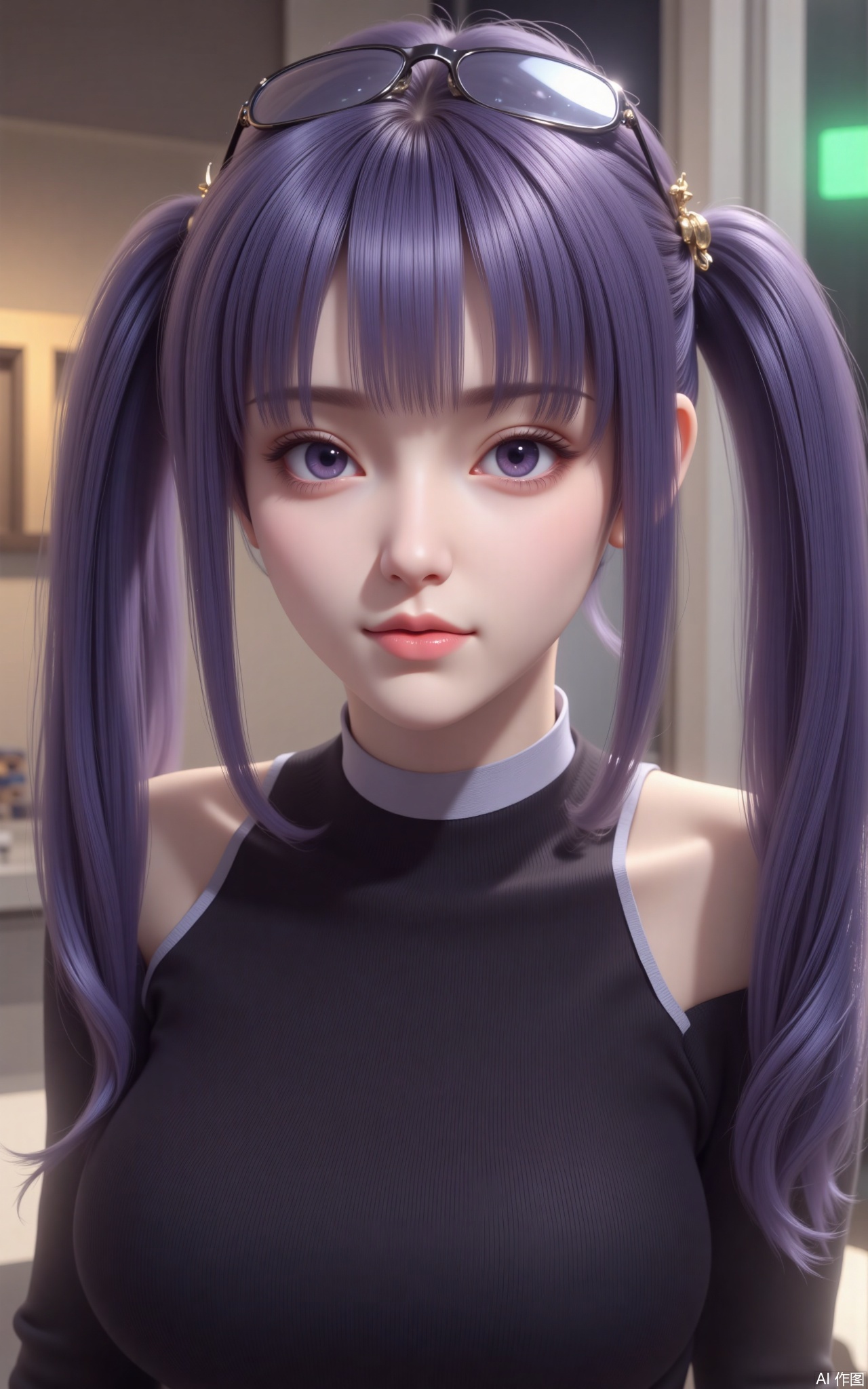 1 girl, solo, long purple hair, double ponytails, straight bangs. She was wearing a black ribbed top. She also wore a collar around her neck and sunglasses on her head. The background looks indoors, and behind her can see a frame of a door or window. A green light source can also be vaguely seen in the background, possibly from some kind of device or object.