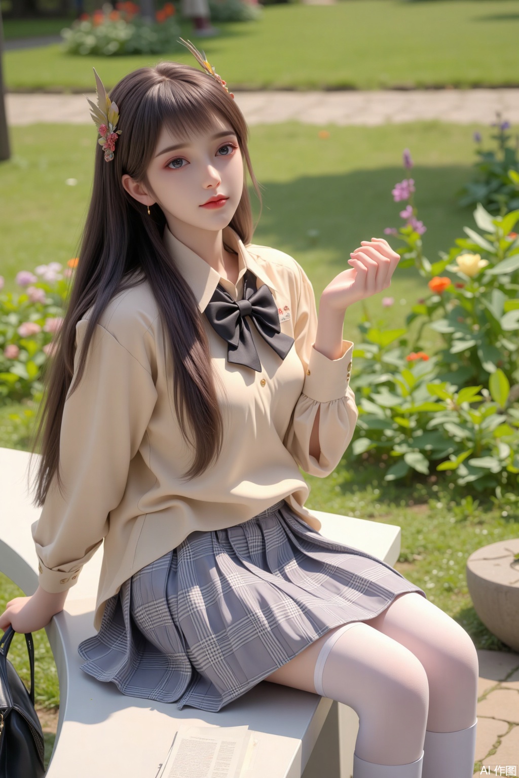 1 girl, solo, long hair, bangs, sitting on a white bench in the garden. She wore a school uniform, including a beige shirt, a black bow tie, and a plaid skirt with pleated patterns. Her legs crossed, wearing white pantyhose and black shoes. A small book and a small black bag were placed on the bench beside her. The garden is full of greenery, full of colorful flowers, and a stone road passes through it. The overall atmosphere is quiet and peaceful, with soft light suggesting it is a sunny day. Full of modern style, photo.