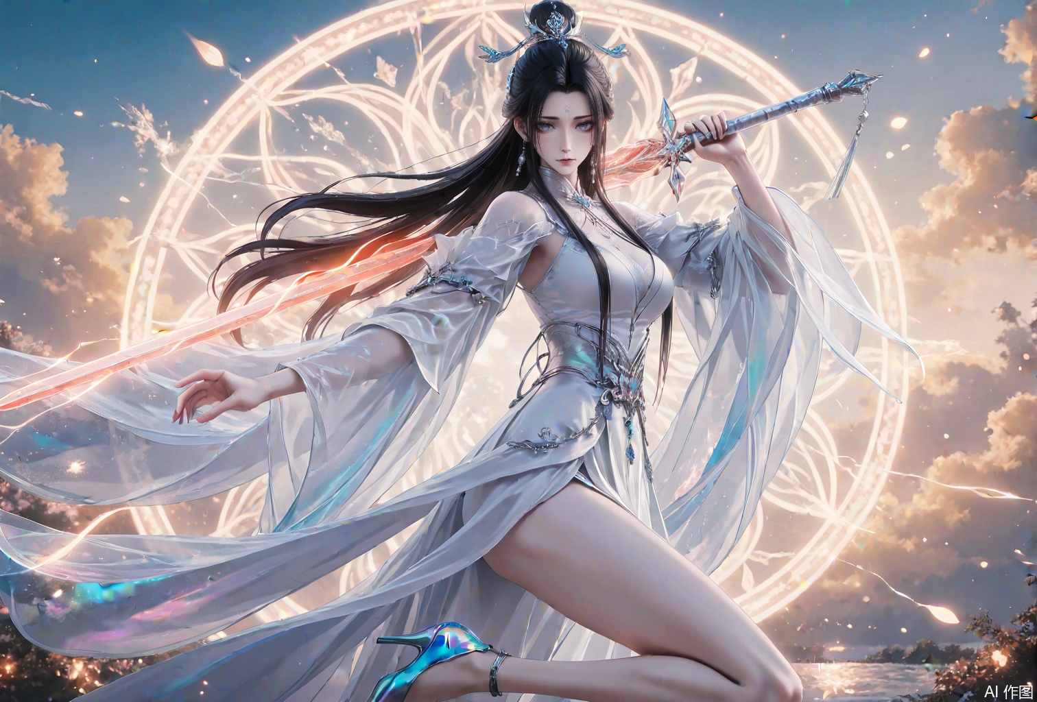 uexueqi,1girl,sword,dress,weapon,long hair,white dress,solo,holding sword,hair ornament,bare legs,black hair,holding weapon,forehead mark,holding,leg up,jewelry,chinese clothes,facial mark,reverse grip,high heels,earrings,
close-up details,outstanding style,adding a touch of dimension to your images without compromising details,whirls of vapor,iridescent textures,(Anime:1.1),ethereal ambiance,delicate details,magical high-concept,32K UHD,sharp focus,best-quality,masterpiece,golden hour,unconventional supreme masterpiece,masterful details,temperate atmosphere,with a high-end texture,in the style of fashion photography,photography,cover,dynamic angle,dynamic posture,(artist: quasarcake:0.8),extreme aesthetic,(wlop:0.6),(honjou raita, lack, rella:0.5, wanke),masterpiece,best quality,good quality,very aesthetic,absurdres,visual impact,a shot with tension,ultra-high resolution,32K UHD,sharp focus,best-quality,masterpiece,emotionalization,unconventional supreme masterpiece,masterful details,temperate atmosphere,with a high-end texture,in the style of fashion photography,(visual impact:1.2),giving the poster a dynamic and visually striking appearance,impactful picture,official art,colorful,splash of color,movie perspective,masterpiece,best quality,amazing quality,very aesthetic,absurdres,best quality,newest,