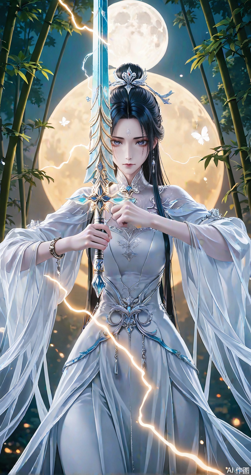 luexueqi, 1girl, bamboo, bamboo forest, sword, weapon, forest, long hair, dress, solo, jewelry, black hair, white dress, nature, holding sword, night, holding weapon, hair ornament, holding, hair bun, earrings, lightning, bug, butterfly, moon, reverse grip, closed mouth, chinese clothes, bracelet, forehead mark
close-up details,outstanding style,adding a touch of dimension to your images without compromising details,whirls of vapor,iridescent textures,(Anime:1.1),ethereal ambiance,delicate details,magical high-concept,32K UHD,sharp focus,best-quality,masterpiece,golden hour,unconventional supreme masterpiece,masterful details,temperate atmosphere,with a high-end texture,in the style of fashion photography,photography,cover,dynamic angle,dynamic posture,(artist: quasarcake:0.8),extreme aesthetic,(wlop:0.6),(honjou raita, lack, rella:0.5, wanke),masterpiece,best quality,good quality,very aesthetic,absurdres,visual impact,a shot with tension,ultra-high resolution,32K UHD,sharp focus,best-quality,masterpiece,emotionalization,unconventional supreme masterpiece,masterful details,temperate atmosphere,with a high-end texture,in the style of fashion photography,(visual impact:1.2),giving the poster a dynamic and visually striking appearance,impactful picture,official art,colorful,splash of color,movie perspective,masterpiece,best quality,amazing quality,very aesthetic,absurdres,best quality,newest,