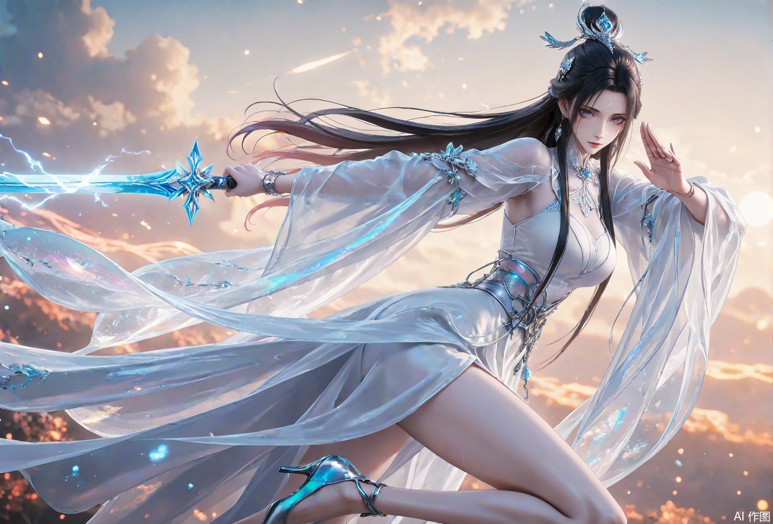 uexueqi,1girl,sword,dress,weapon,long hair,white dress,solo,holding sword,hair ornament,bare legs,black hair,holding weapon,forehead mark,holding,leg up,jewelry,chinese clothes,facial mark,reverse grip,high heels,earrings,
close-up details,outstanding style,adding a touch of dimension to your images without compromising details,whirls of vapor,iridescent textures,(Anime:1.1),ethereal ambiance,delicate details,magical high-concept,32K UHD,sharp focus,best-quality,masterpiece,golden hour,unconventional supreme masterpiece,masterful details,temperate atmosphere,with a high-end texture,in the style of fashion photography,photography,cover,dynamic angle,dynamic posture,(artist: quasarcake:0.8),extreme aesthetic,(wlop:0.6),(honjou raita, lack, rella:0.5, wanke),masterpiece,best quality,good quality,very aesthetic,absurdres,visual impact,a shot with tension,ultra-high resolution,32K UHD,sharp focus,best-quality,masterpiece,emotionalization,unconventional supreme masterpiece,masterful details,temperate atmosphere,with a high-end texture,in the style of fashion photography,(visual impact:1.2),giving the poster a dynamic and visually striking appearance,impactful picture,official art,colorful,splash of color,movie perspective,masterpiece,best quality,amazing quality,very aesthetic,absurdres,best quality,newest,