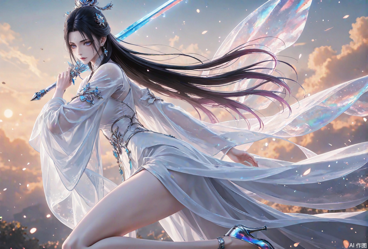 uexueqi,1girl,sword,dress,weapon,long hair,white dress,solo,holding sword,hair ornament,bare legs,black hair,holding weapon,forehead mark,holding,leg up,jewelry,chinese clothes,facial mark,reverse grip,high heels,earrings,
close-up details,outstanding style,adding a touch of dimension to your images without compromising details,whirls of vapor,iridescent textures,(Anime:1.1),ethereal ambiance,delicate details,magical high-concept,32K UHD,sharp focus,best-quality,masterpiece,golden hour,unconventional supreme masterpiece,masterful details,temperate atmosphere,with a high-end texture,in the style of fashion photography,photography,cover,dynamic angle,dynamic posture,(artist: quasarcake:0.8),extreme aesthetic,(wlop:0.6),(honjou raita, lack, rella:0.5, wanke),masterpiece,best quality,good quality,very aesthetic,absurdres,visual impact,a shot with tension,ultra-high resolution,32K UHD,sharp focus,best-quality,masterpiece,emotionalization,unconventional supreme masterpiece,masterful details,temperate atmosphere,with a high-end texture,in the style of fashion photography,(visual impact:1.2),giving the poster a dynamic and visually striking appearance,impactful picture,official art,colorful,splash of color,movie perspective,masterpiece,best quality,amazing quality,very aesthetic,absurdres,best quality,newest,
