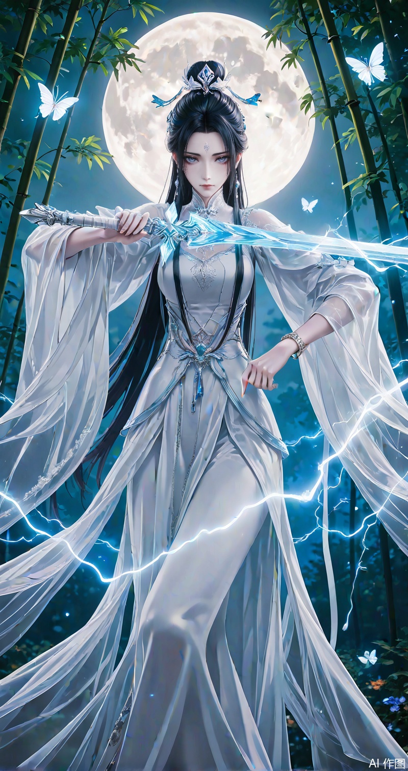 luexueqi, 1girl, bamboo, bamboo forest, sword, weapon, forest, long hair, dress, solo, jewelry, black hair, white dress, nature, holding sword, night, holding weapon, hair ornament, holding, hair bun, earrings, lightning, bug, butterfly, moon, reverse grip, closed mouth, chinese clothes, bracelet, forehead mark
close-up details,outstanding style,adding a touch of dimension to your images without compromising details,whirls of vapor,iridescent textures,(Anime:1.1),ethereal ambiance,delicate details,magical high-concept,32K UHD,sharp focus,best-quality,masterpiece,golden hour,unconventional supreme masterpiece,masterful details,temperate atmosphere,with a high-end texture,in the style of fashion photography,photography,cover,dynamic angle,dynamic posture,(artist: quasarcake:0.8),extreme aesthetic,(wlop:0.6),(honjou raita, lack, rella:0.5, wanke),masterpiece,best quality,good quality,very aesthetic,absurdres,visual impact,a shot with tension,ultra-high resolution,32K UHD,sharp focus,best-quality,masterpiece,emotionalization,unconventional supreme masterpiece,masterful details,temperate atmosphere,with a high-end texture,in the style of fashion photography,(visual impact:1.2),giving the poster a dynamic and visually striking appearance,impactful picture,official art,colorful,splash of color,movie perspective,masterpiece,best quality,amazing quality,very aesthetic,absurdres,best quality,newest,