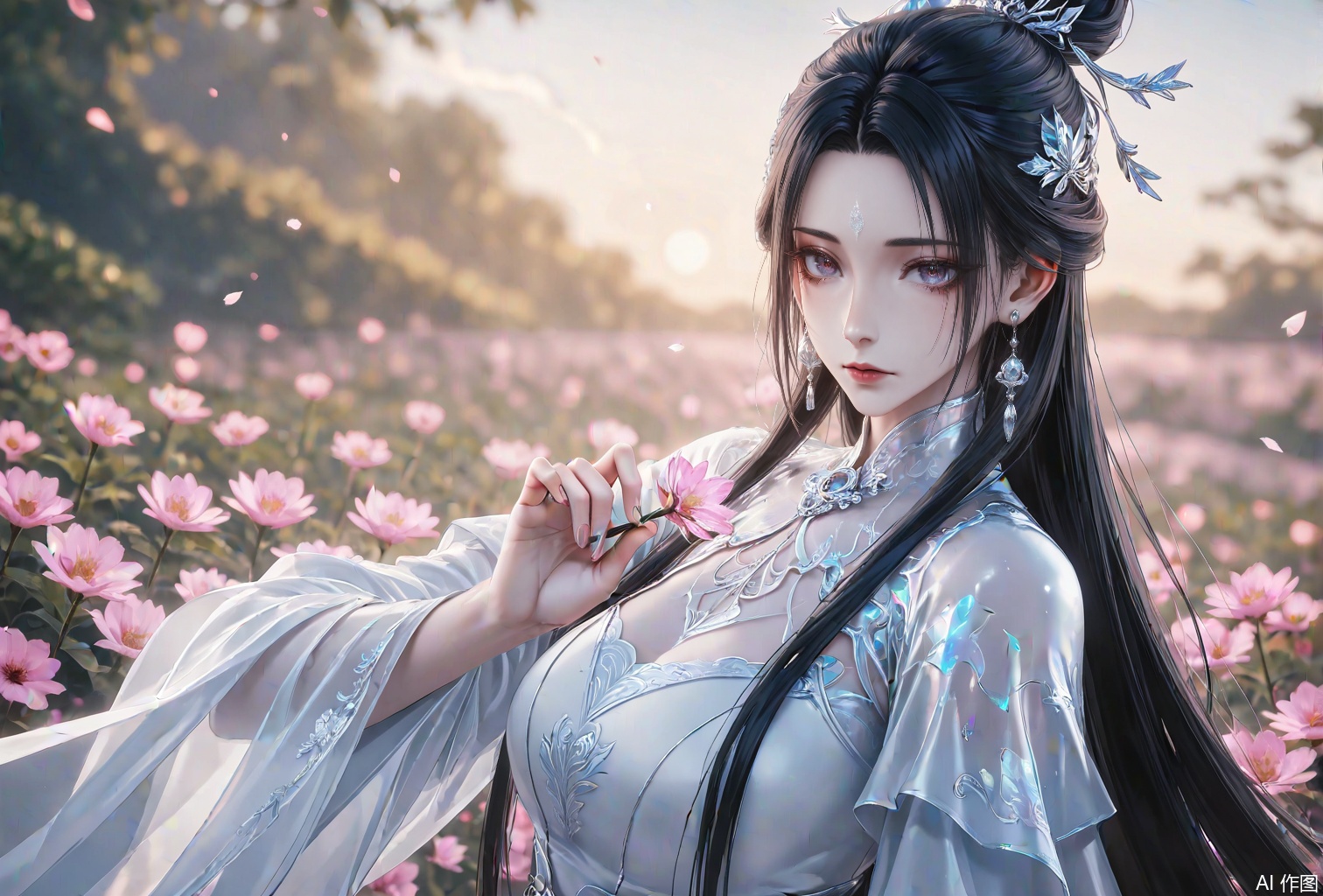 luexueqi,1girl,solo,dress,long hair,white dress,jewelry,earrings,hair ornament,hair bun,black hair,blurry background,closed mouth,long sleeves,expressionless,chinese clothes,looking at viewer,holding,blurry,upper body,outdoor,flower,close-up details,outstanding style,adding a touch of dimension to your images without compromising details,whirls of vapor,iridescent textures,(Anime:1.1),ethereal ambiance,delicate details,magical high-concept,32K UHD,sharp focus,best-quality,masterpiece,golden hour,unconventional supreme masterpiece,masterful details,temperate atmosphere,with a high-end texture,in the style of fashion photography,photography,cover,dynamic angle,dynamic posture,(artist: quasarcake:0.8),extreme aesthetic,(wlop:0.6),(honjou raita, lack, rella:0.5, wanke),masterpiece,best quality,good quality,very aesthetic,absurdres,visual impact,a shot with tension,ultra-high resolution,32K UHD,sharp focus,best-quality,masterpiece,emotionalization,unconventional supreme masterpiece,masterful details,temperate atmosphere,with a high-end texture,in the style of fashion photography,(visual impact:1.2),giving the poster a dynamic and visually striking appearance,impactful picture,official art,colorful,splash of color,movie perspective,masterpiece,best quality,amazing quality,very aesthetic,absurdres,best quality,newest,