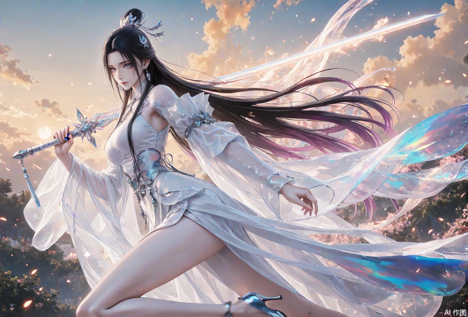uexueqi,1girl,sword,dress,weapon,long hair,white dress,solo,holding sword,hair ornament,bare legs,black hair,holding weapon,forehead mark,holding,leg up,jewelry,chinese clothes,facial mark,reverse grip,high heels,earrings,
close-up details,outstanding style,adding a touch of dimension to your images without compromising details,whirls of vapor,iridescent textures,(Anime:1.1),ethereal ambiance,delicate details,magical high-concept,32K UHD,sharp focus,best-quality,masterpiece,golden hour,unconventional supreme masterpiece,masterful details,temperate atmosphere,with a high-end texture,in the style of fashion photography,photography,cover,dynamic angle,dynamic posture,(artist: quasarcake:0.8),extreme aesthetic,(wlop:0.6),(honjou raita, lack, rella:0.5, wanke),masterpiece,best quality,good quality,very aesthetic,absurdres,visual impact,a shot with tension,ultra-high resolution,32K UHD,sharp focus,best-quality,masterpiece,emotionalization,unconventional supreme masterpiece,masterful details,temperate atmosphere,with a high-end texture,in the style of fashion photography,(visual impact:1.2),giving the poster a dynamic and visually striking appearance,impactful picture,official art,colorful,splash of color,movie perspective,masterpiece,best quality,amazing quality,very aesthetic,absurdres,best quality,newest,