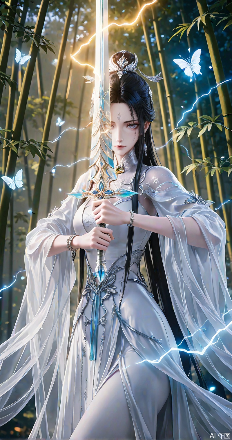luexueqi, 1girl, bamboo, bamboo forest, sword, weapon, forest, long hair, dress, solo, jewelry, black hair, white dress, nature, holding sword, night, holding weapon, hair ornament, holding, hair bun, earrings, lightning, bug, butterfly, moon, reverse grip, closed mouth, chinese clothes, bracelet, forehead mark
close-up details,outstanding style,adding a touch of dimension to your images without compromising details,whirls of vapor,iridescent textures,(Anime:1.1),ethereal ambiance,delicate details,magical high-concept,32K UHD,sharp focus,best-quality,masterpiece,golden hour,unconventional supreme masterpiece,masterful details,temperate atmosphere,with a high-end texture,in the style of fashion photography,photography,cover,dynamic angle,dynamic posture,(artist: quasarcake:0.8),extreme aesthetic,(wlop:0.6),(honjou raita, lack, rella:0.5, wanke),masterpiece,best quality,good quality,very aesthetic,absurdres,visual impact,a shot with tension,ultra-high resolution,32K UHD,sharp focus,best-quality,masterpiece,emotionalization,unconventional supreme masterpiece,masterful details,temperate atmosphere,with a high-end texture,in the style of fashion photography,(visual impact:1.2),giving the poster a dynamic and visually striking appearance,impactful picture,official art,colorful,splash of color,movie perspective,masterpiece,best quality,amazing quality,very aesthetic,absurdres,best quality,newest,