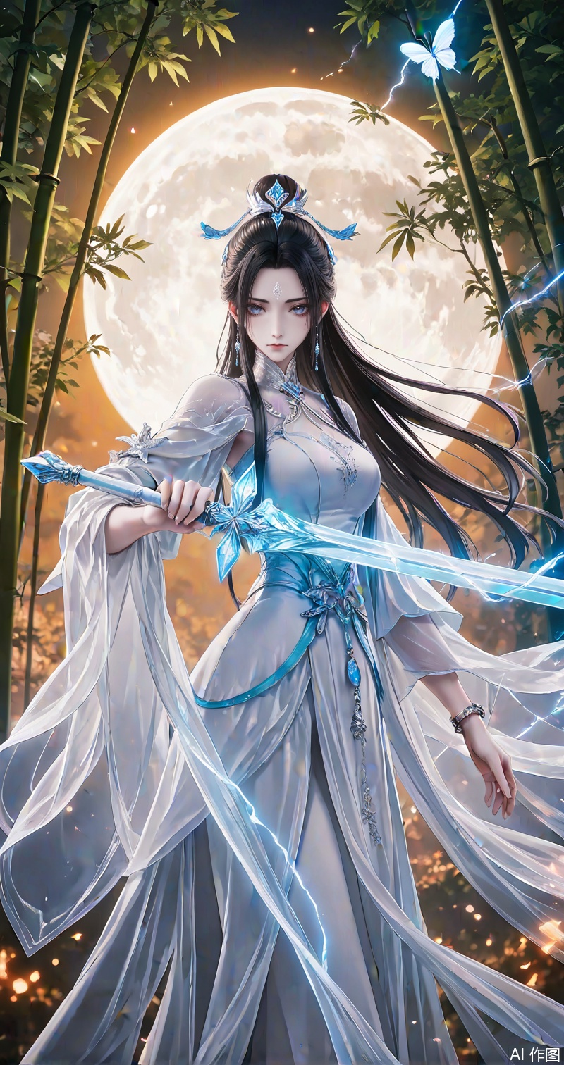 luexueqi, 1girl, bamboo, bamboo forest, sword, weapon, forest, long hair, dress, solo, jewelry, black hair, white dress, nature, holding sword, night, holding weapon, hair ornament, holding, hair bun, earrings, lightning, bug, butterfly, moon, reverse grip, closed mouth, chinese clothes, bracelet, forehead mark
close-up details,outstanding style,adding a touch of dimension to your images without compromising details,whirls of vapor,iridescent textures,(Anime:1.1),ethereal ambiance,delicate details,magical high-concept,32K UHD,sharp focus,best-quality,masterpiece,golden hour,unconventional supreme masterpiece,masterful details,temperate atmosphere,with a high-end texture,in the style of fashion photography,photography,cover,dynamic angle,dynamic posture,(artist: quasarcake:0.8),extreme aesthetic,(wlop:0.6),(honjou raita, lack, rella:0.5, wanke),masterpiece,best quality,good quality,very aesthetic,absurdres,visual impact,a shot with tension,ultra-high resolution,32K UHD,sharp focus,best-quality,masterpiece,emotionalization,unconventional supreme masterpiece,masterful details,temperate atmosphere,with a high-end texture,in the style of fashion photography,(visual impact:1.2),giving the poster a dynamic and visually striking appearance,impactful picture,official art,colorful,splash of color,movie perspective,masterpiece,best quality,amazing quality,very aesthetic,absurdres,best quality,newest,