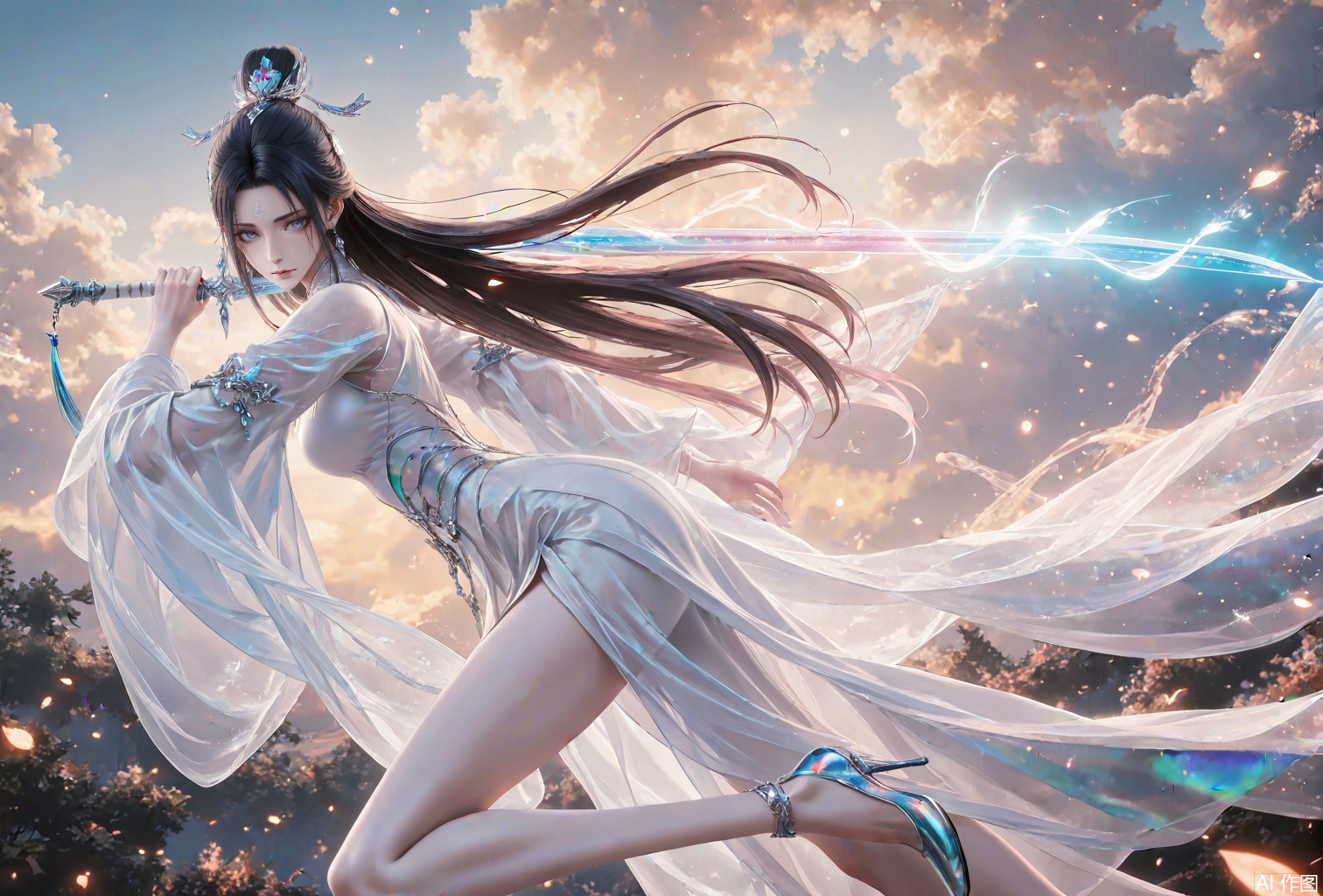 uexueqi,1girl,sword,dress,weapon,long hair,white dress,solo,holding sword,hair ornament,bare legs,black hair,holding weapon,forehead mark,holding,leg up,jewelry,chinese clothes,facial mark,reverse grip,high heels,earrings,
close-up details,outstanding style,adding a touch of dimension to your images without compromising details,whirls of vapor,iridescent textures,(Anime:1.1),ethereal ambiance,delicate details,magical high-concept,32K UHD,sharp focus,best-quality,masterpiece,golden hour,unconventional supreme masterpiece,masterful details,temperate atmosphere,with a high-end texture,in the style of fashion photography,photography,cover,dynamic angle,dynamic posture,(artist: quasarcake:0.8),extreme aesthetic,(wlop:0.6),(honjou raita, lack, rella:0.5, wanke),masterpiece,best quality,good quality,very aesthetic,absurdres,visual impact,a shot with tension,ultra-high resolution,32K UHD,sharp focus,best-quality,masterpiece,emotionalization,unconventional supreme masterpiece,masterful details,temperate atmosphere,with a high-end texture,in the style of fashion photography,(visual impact:1.2),giving the poster a dynamic and visually striking appearance,impactful picture,official art,colorful,splash of color,movie perspective,masterpiece,best quality,amazing quality,very aesthetic,absurdres,best quality,newest,