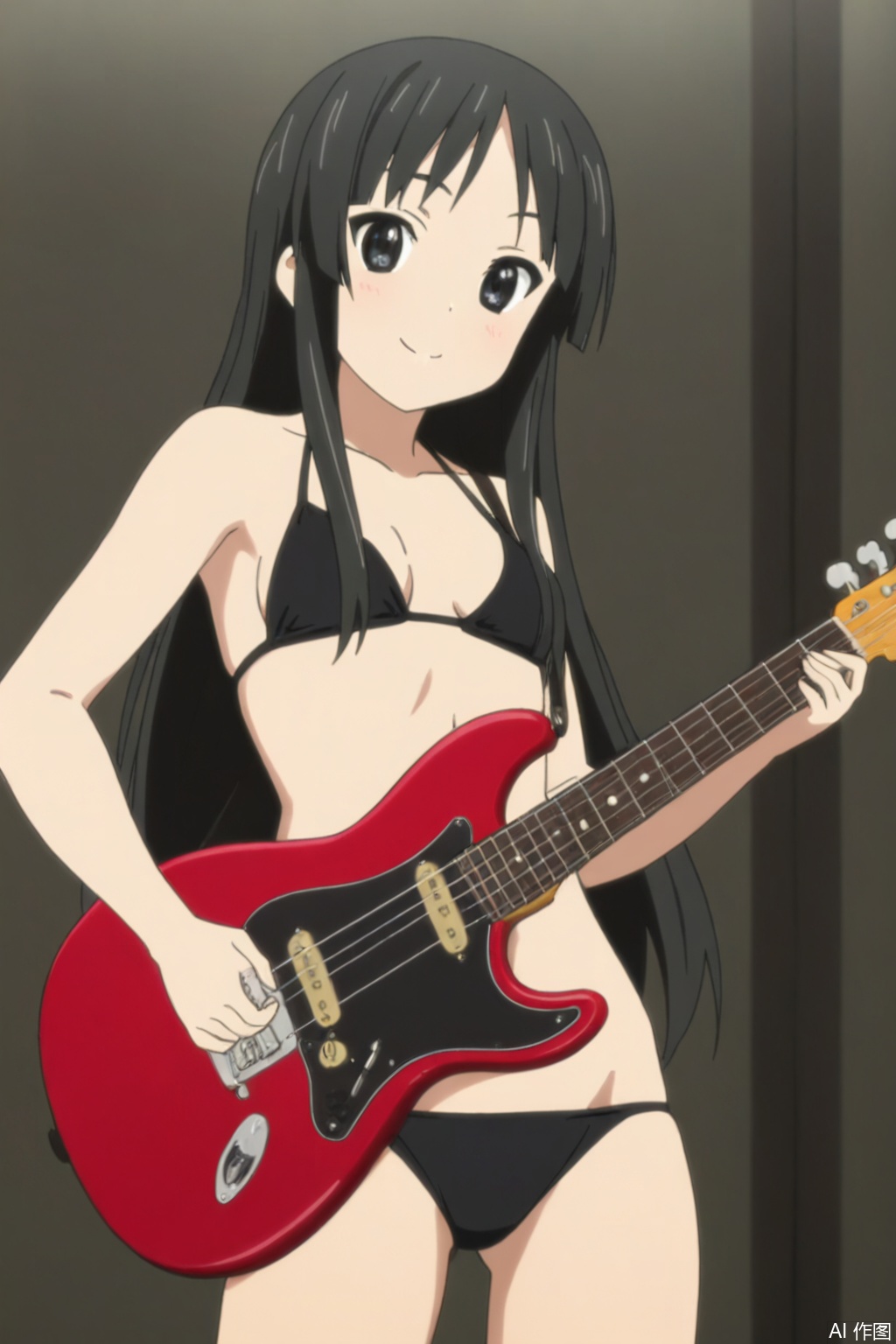 Black hair, long hair,1girl, solo, looking at viewer, smile,
bikini,guitar,full_shot,playing_instrument,
