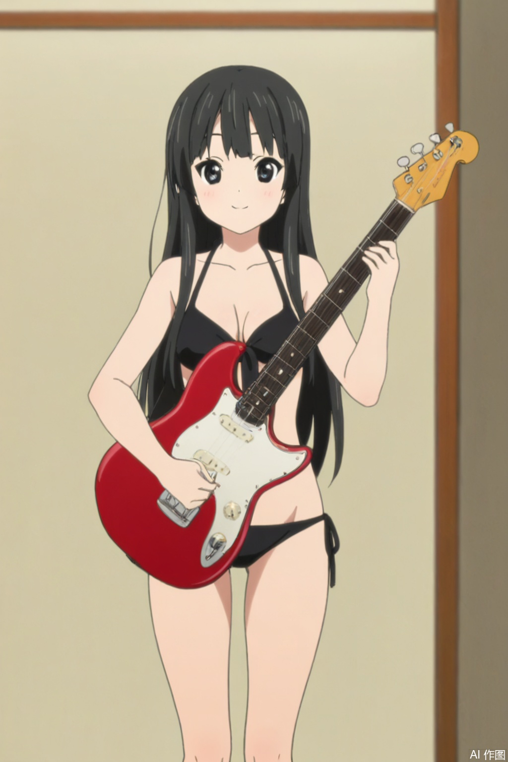 Black hair, long hair,1girl, solo, looking at viewer, smile,
bikini,guitar,full_shot,playing_instrument,
