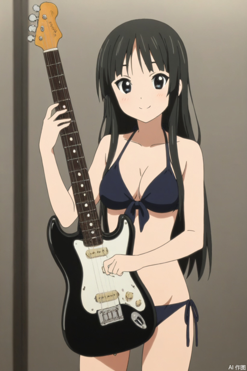Black hair, long hair,1girl, solo, looking at viewer, smile,
bikini,guitar,full_shot,playing_instrument,